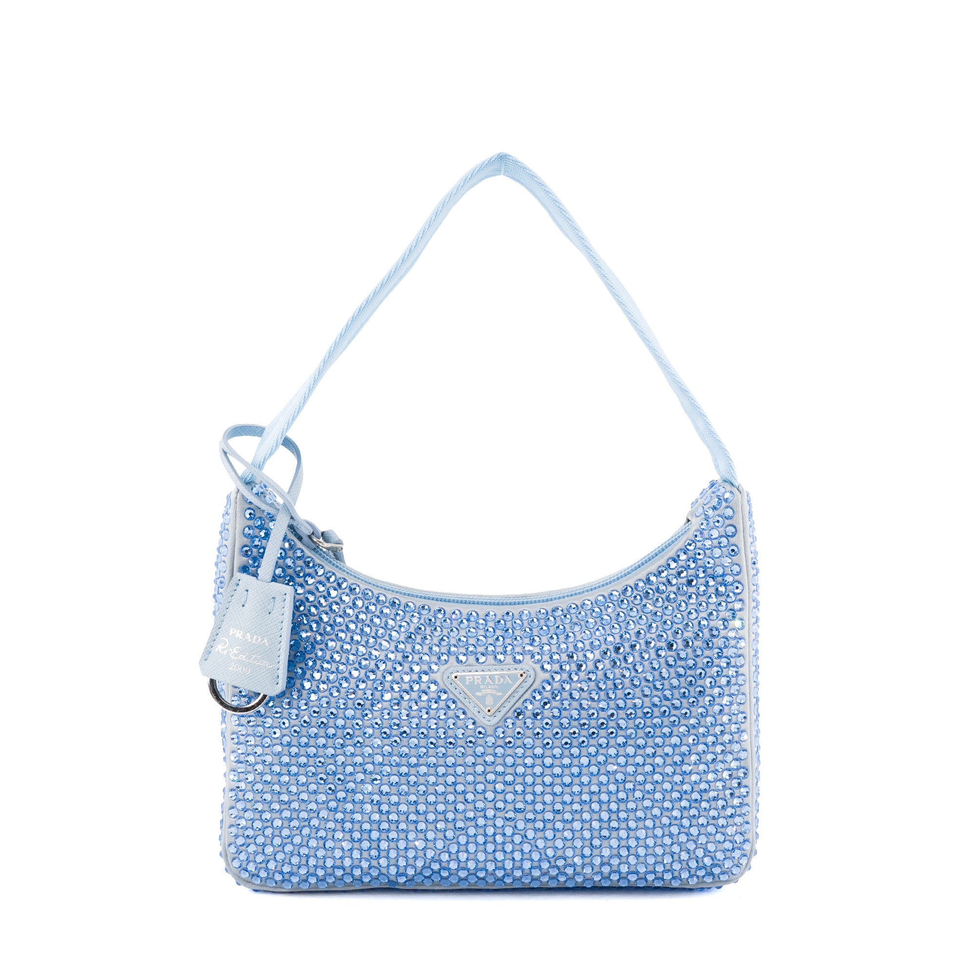 PRADA - Sac à épaule Re-Edition 2000 Prada en satin et cristaux bleu édition limitée