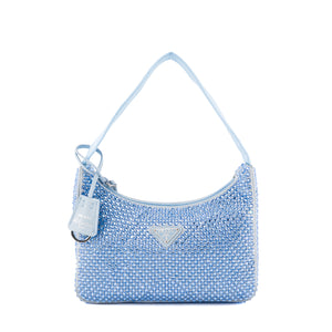 PRADA - Sac à épaule Re-Edition 2000 Prada en satin et cristaux bleu édition limitée