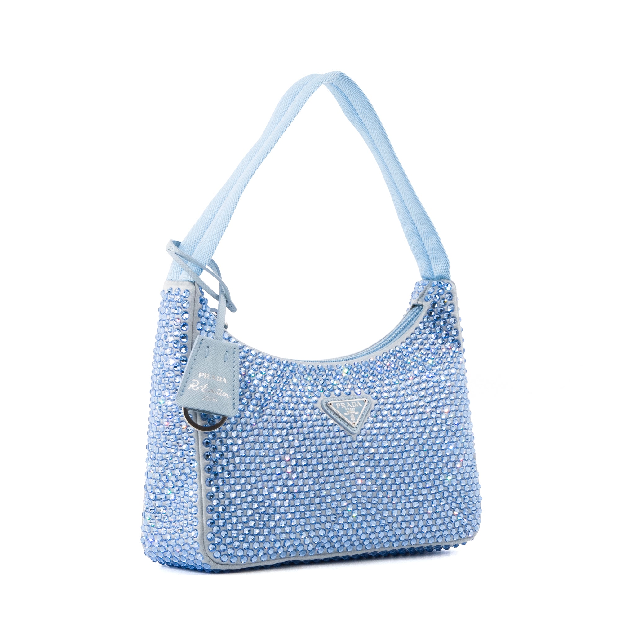 PRADA - Sac à épaule Re-Edition 2000 Prada en satin et cristaux bleu édition limitée