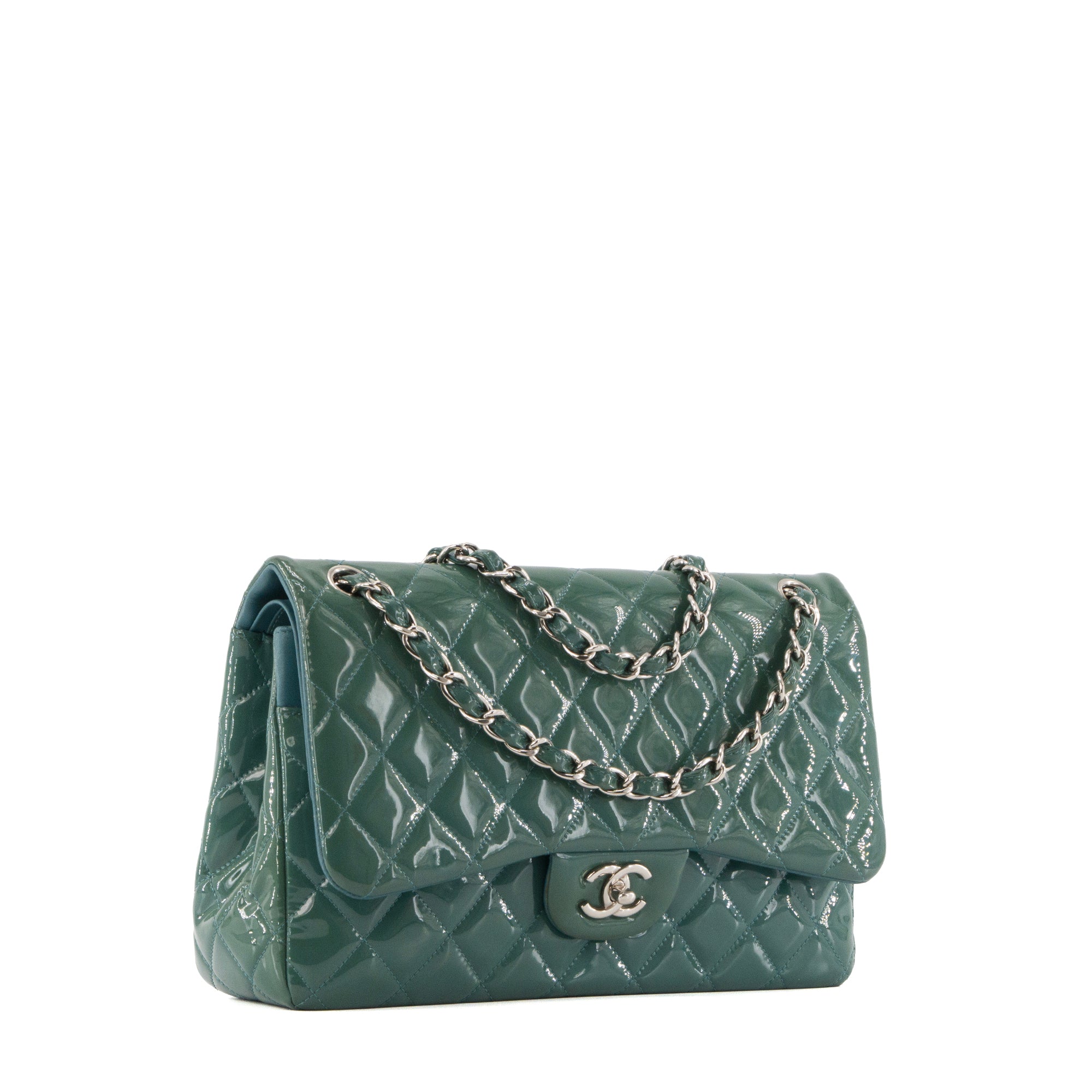 Sac à bandoulière Classique/Timeless Jumbo Chanel en cuir verni bleu canard