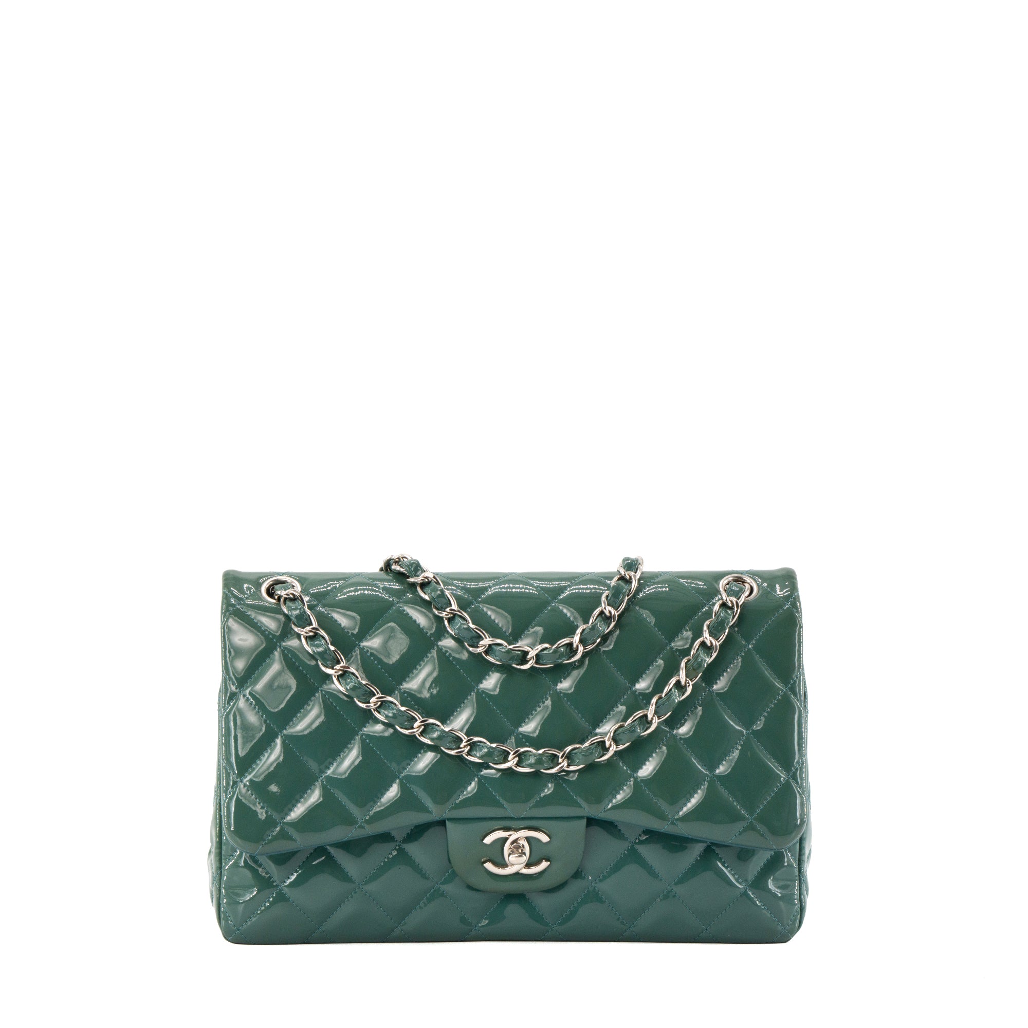 Sac à bandoulière Classique/Timeless Jumbo Chanel en cuir verni bleu canard