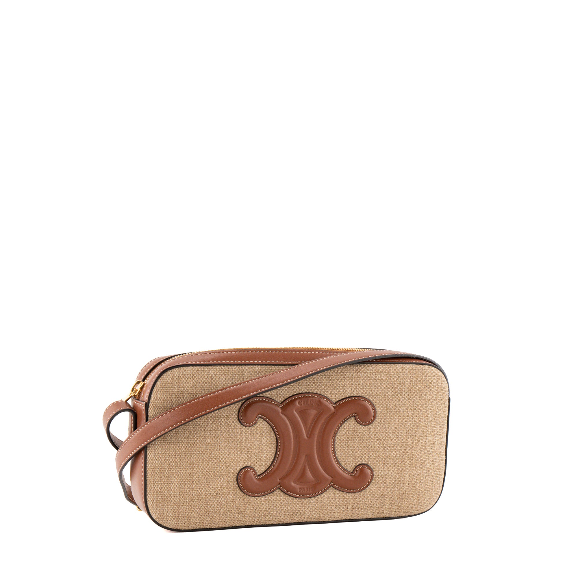 CELINE - Sac à épaule Triomphe Camera Celine en toile et cuir tan marron