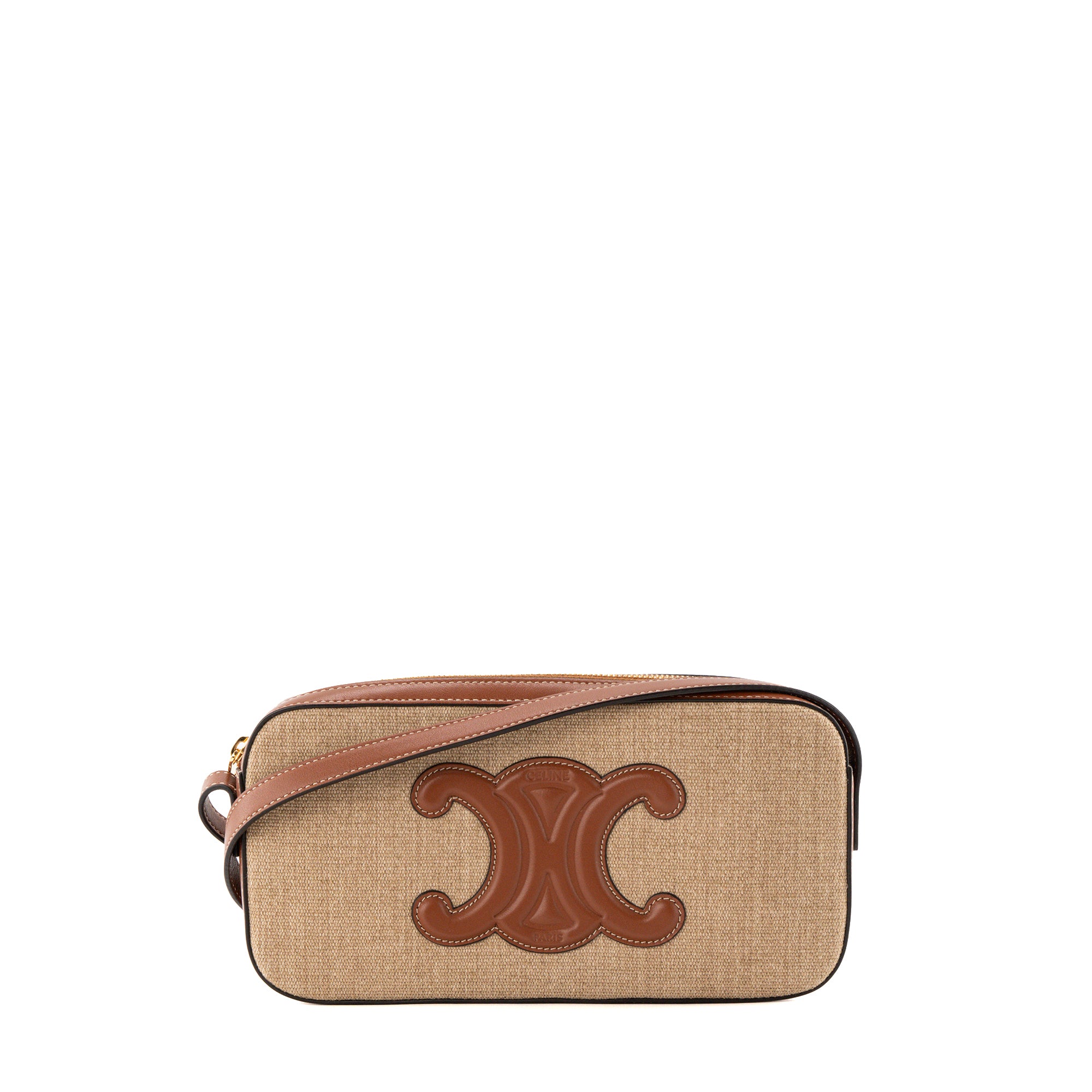 CELINE - Sac à épaule Triomphe Camera Celine en toile et cuir tan marron