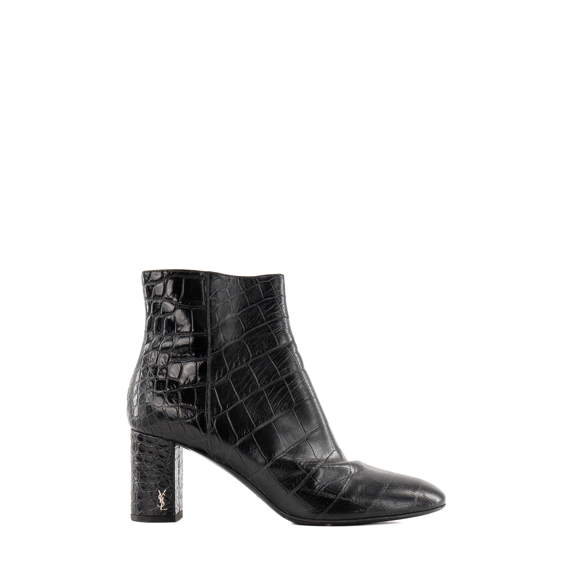 SAINT LAURENT - Bottines à talons Saint Laurent en cuir embossé crocodile noir (T38,5)