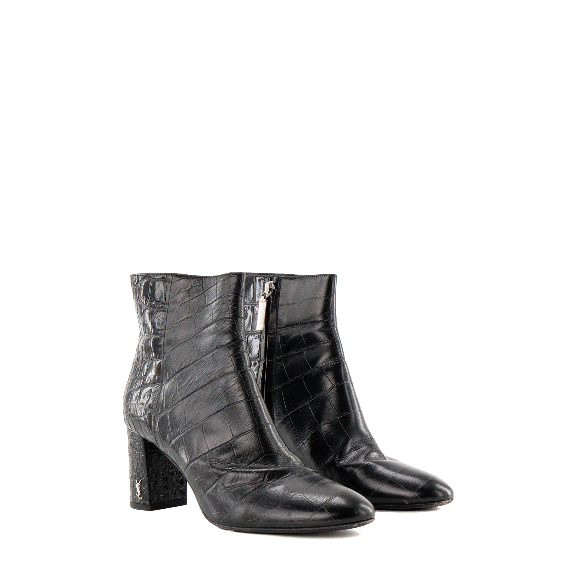 SAINT LAURENT - Bottines à talons Saint Laurent en cuir embossé crocodile noir (T38,5)