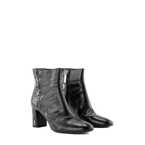 SAINT LAURENT - Bottines à talons Saint Laurent en cuir embossé crocodile noir (T38,5)