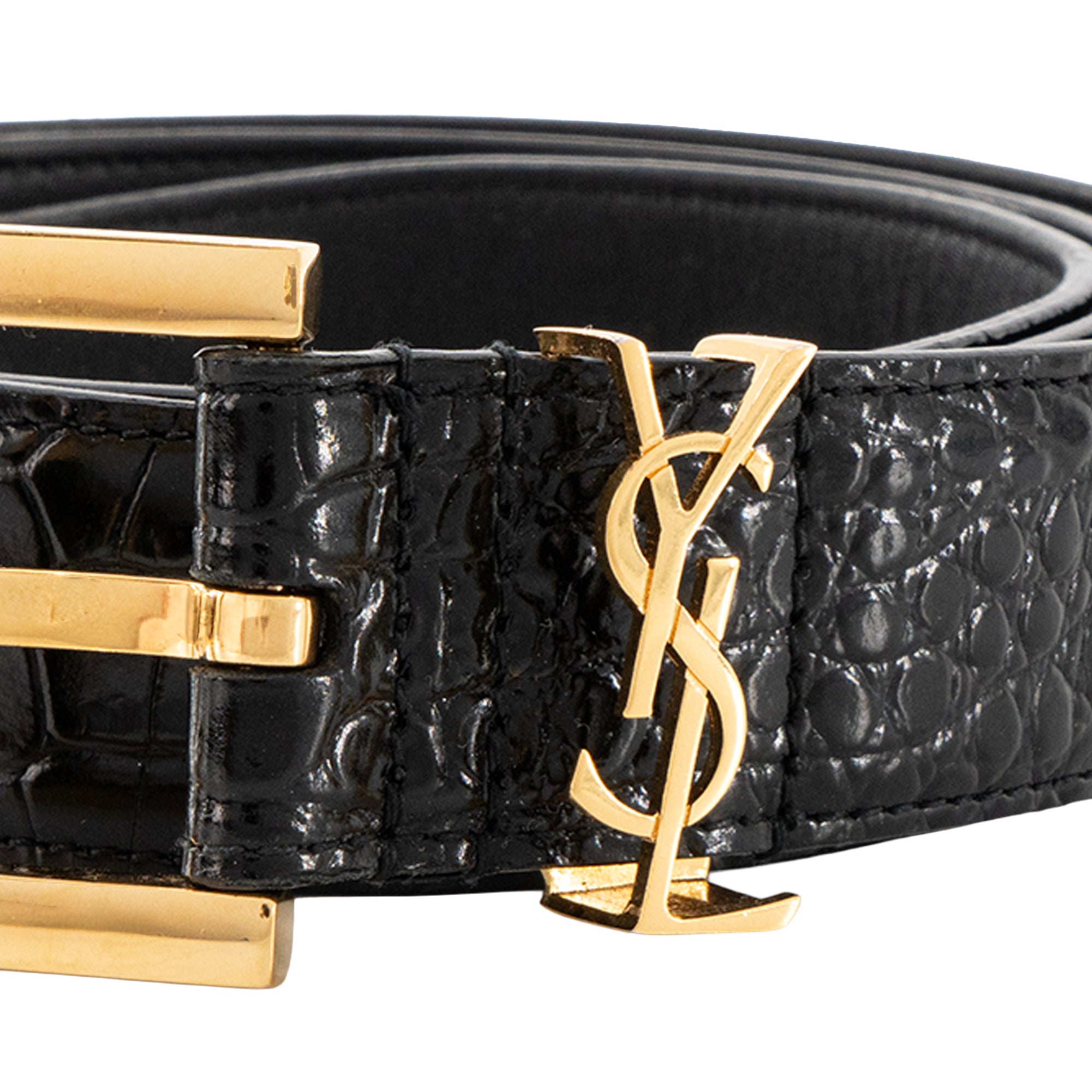SAINT LAURENT - Ceinture Cassandre Saint Laurent en cuir embossé noir (T80)