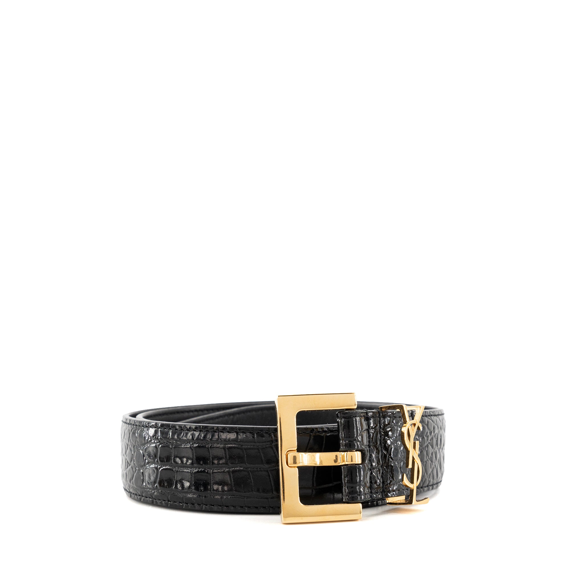 SAINT LAURENT - Ceinture Cassandre Saint Laurent en cuir embossé noir (T80)