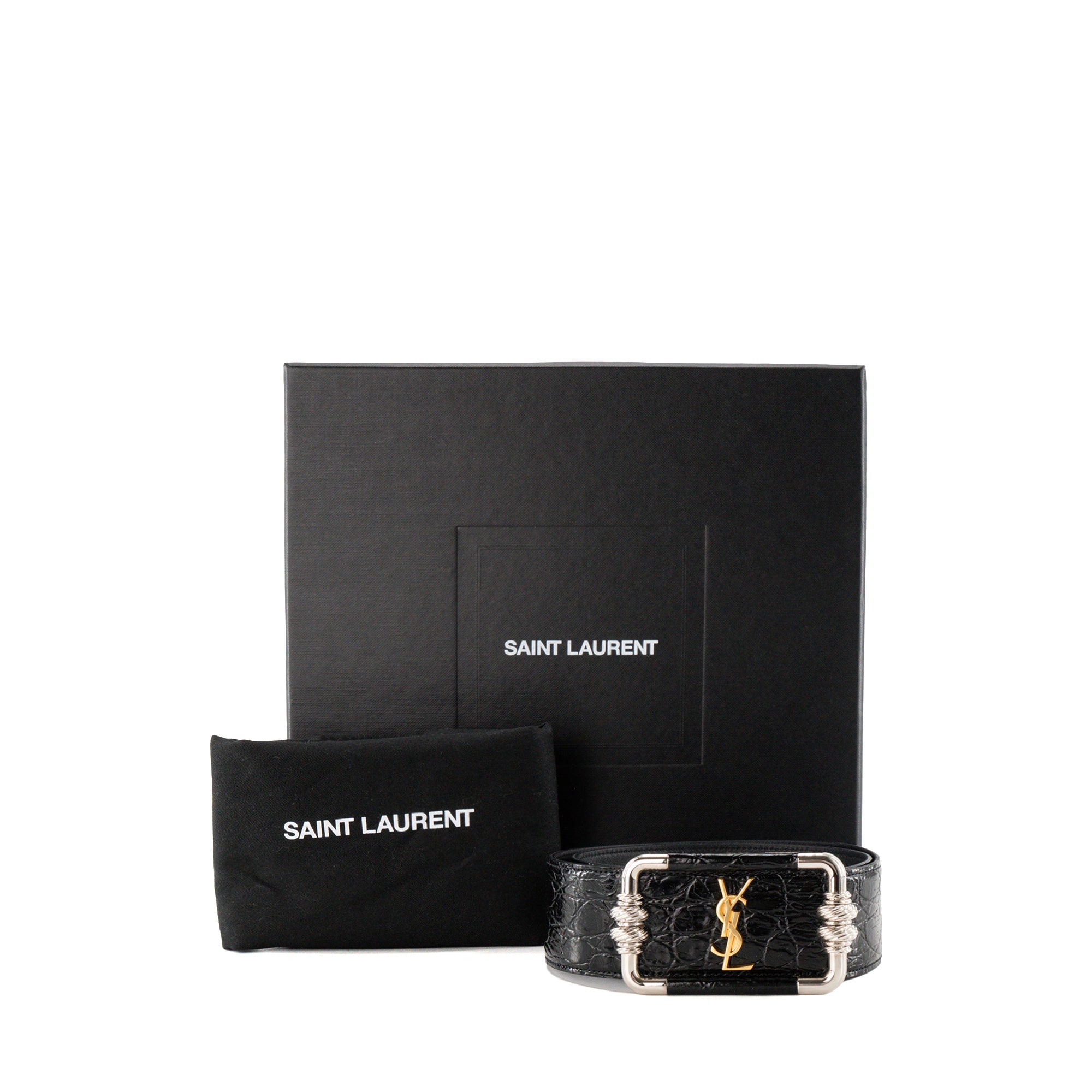 SAINT LAURENT - Ceinture Saint Laurent en cuir embossé crocodile noir (T70)