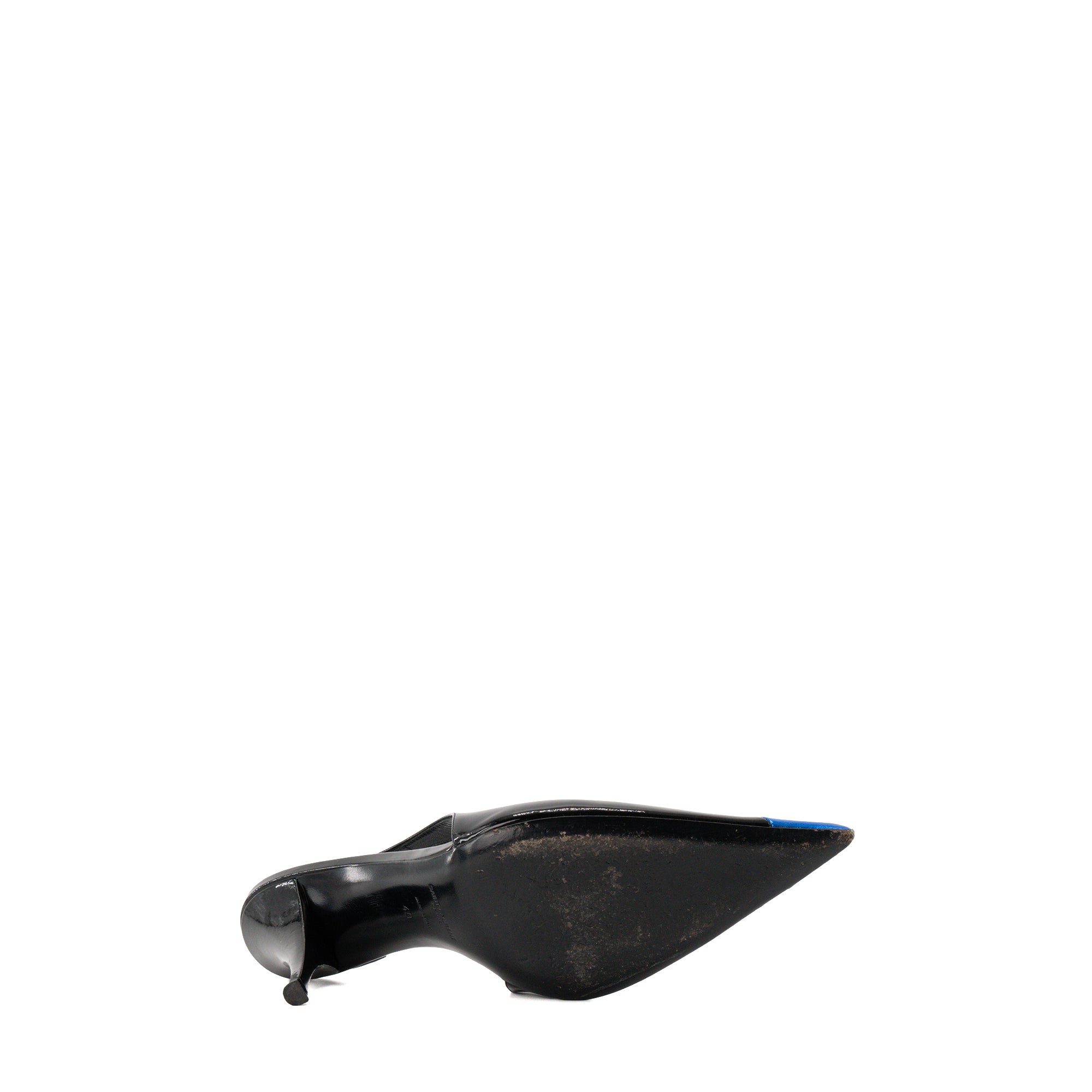 SAINT LAURENT - Escarpins Slingback Vesper Saint Laurent en cuir verni noir et cuir bleu (T40)