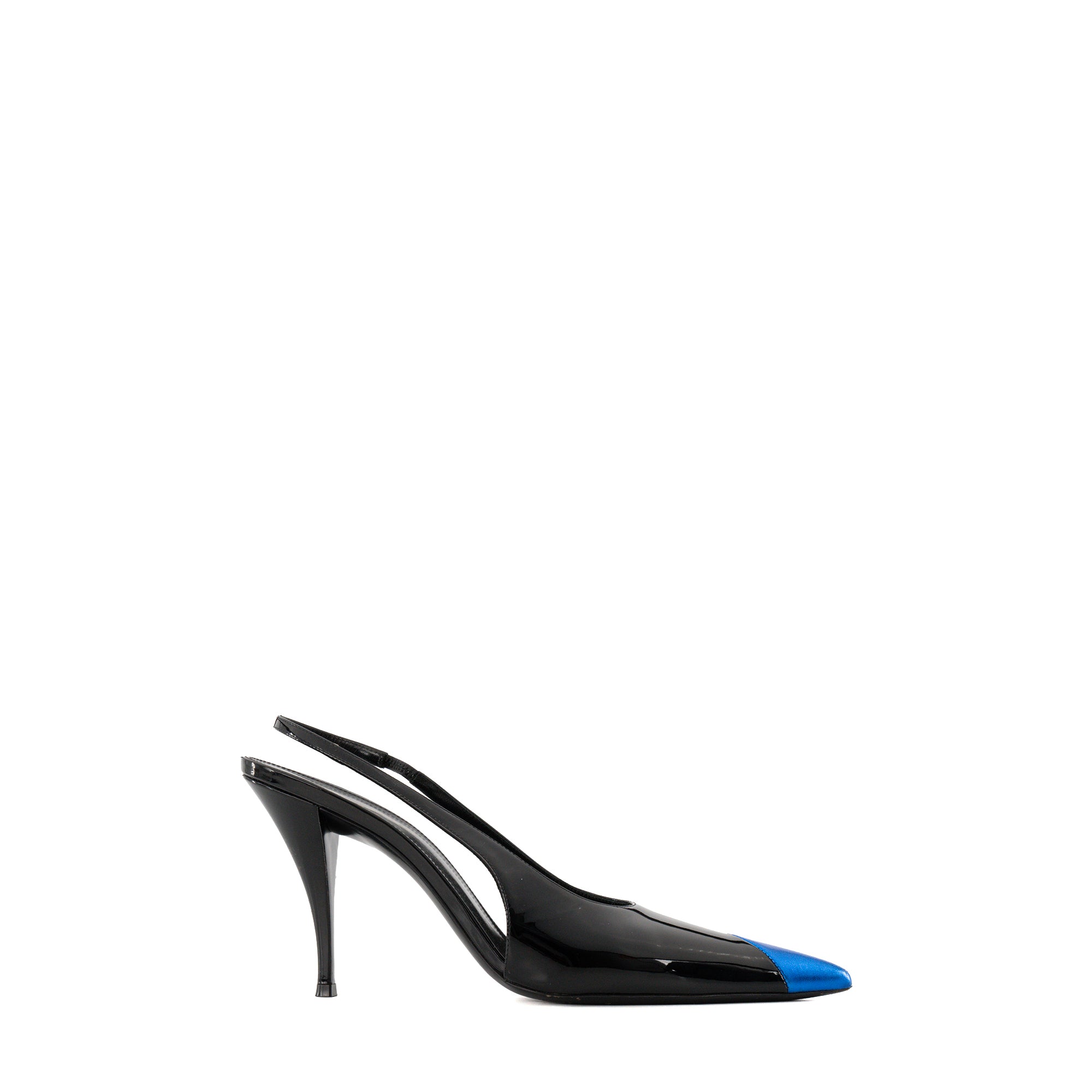 SAINT LAURENT - Escarpins Slingback Vesper Saint Laurent en cuir verni noir et cuir bleu (T40)
