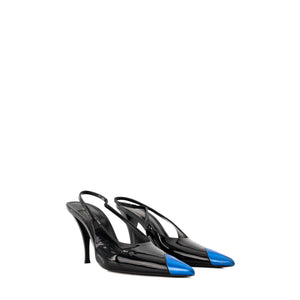 SAINT LAURENT - Escarpins Slingback Vesper Saint Laurent en cuir verni noir et cuir bleu (T40)