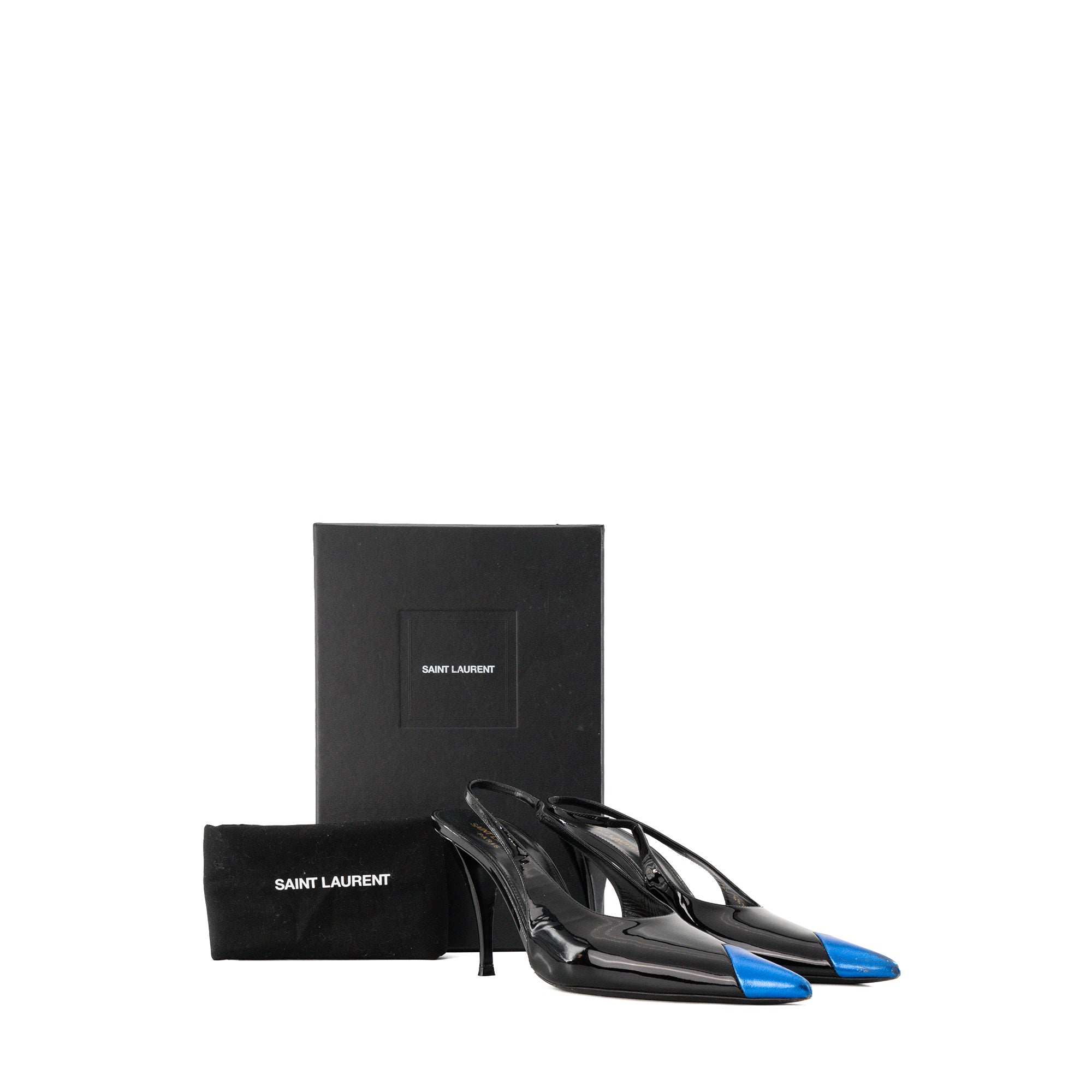SAINT LAURENT - Escarpins Slingback Vesper Saint Laurent en cuir verni noir et cuir bleu (T40)