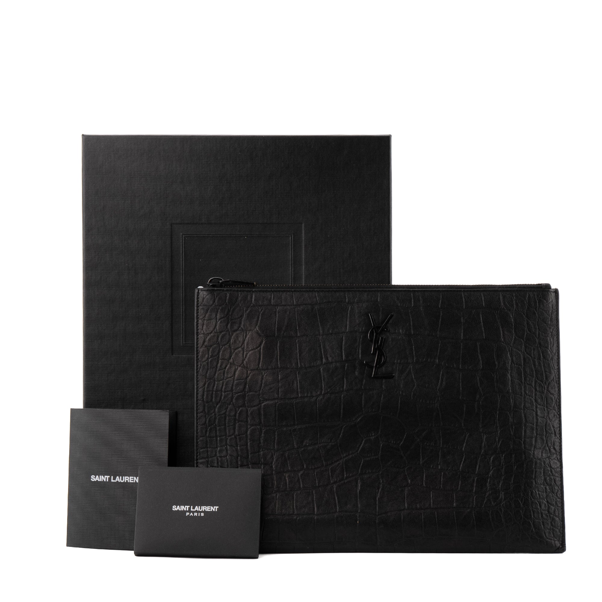 SAINT LAURENT - Pochette Cassandre Saint Laurent en cuir embossé croco noir