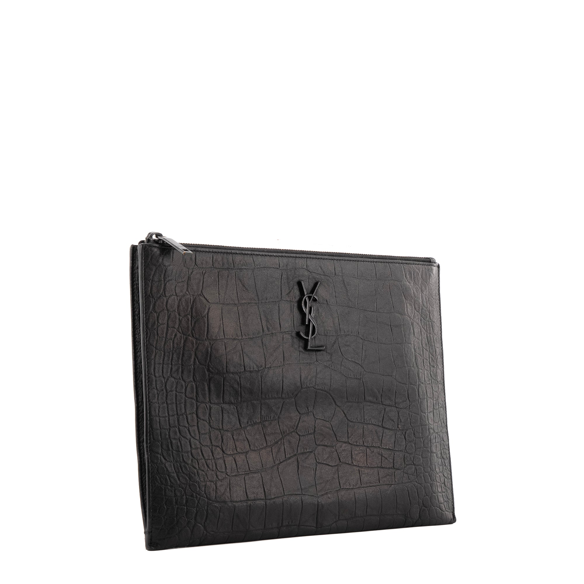 SAINT LAURENT - Pochette Cassandre Saint Laurent en cuir embossé croco noir