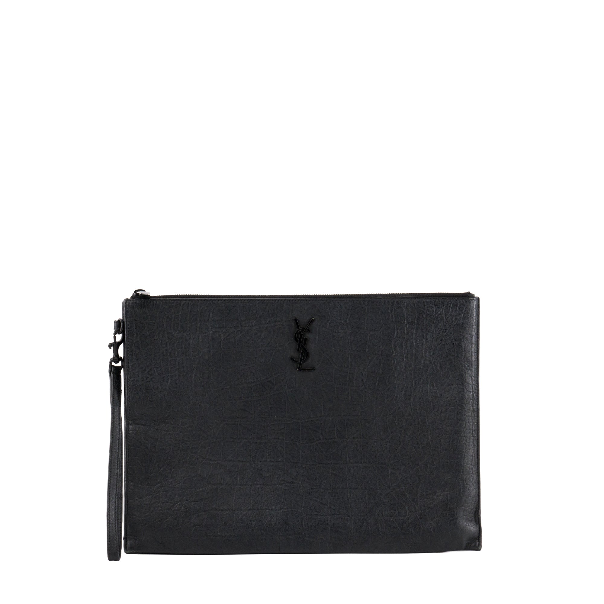 SAINT LAURENT - Pochette Cassandre Saint Laurent en cuir embossé crocodile noir