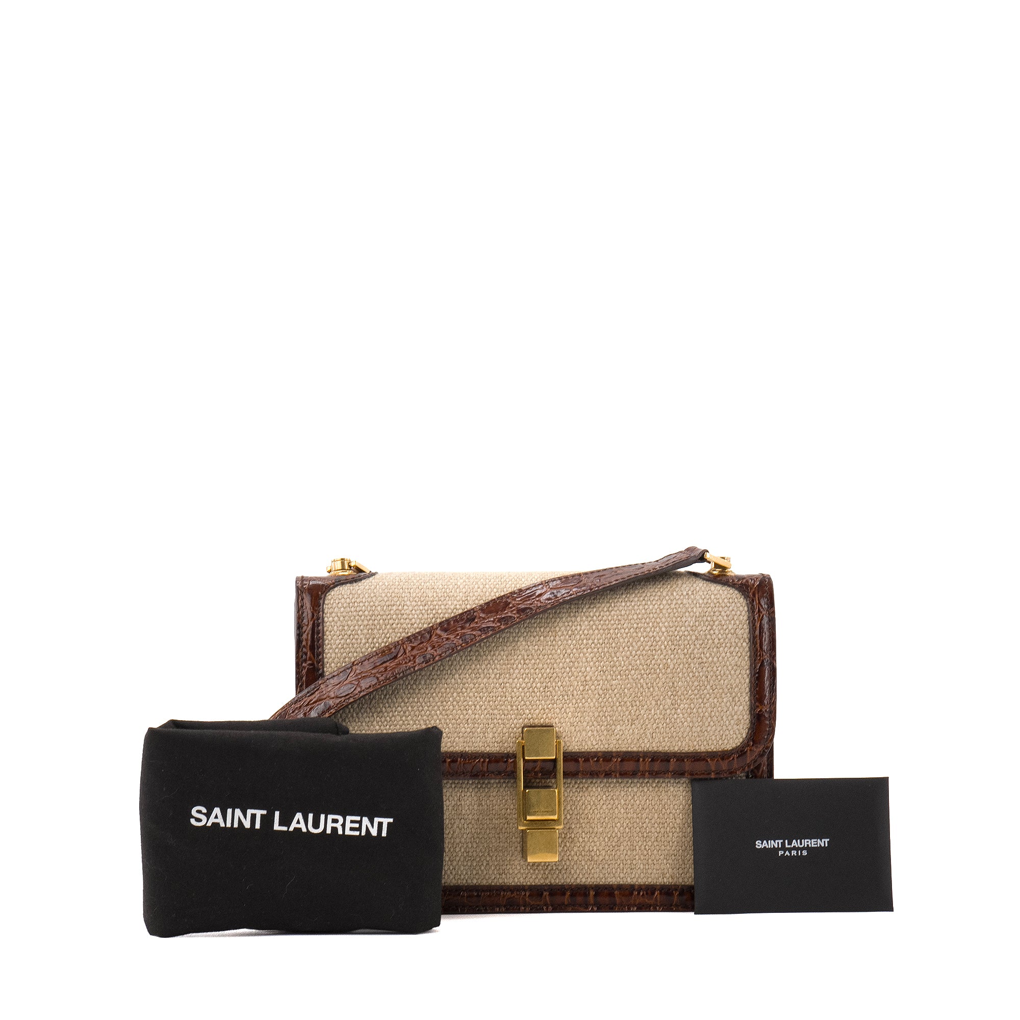 SAINT LAURENT - Sac à bandoulière Carré Saint Laurent en toile et cuir embossé croco marron