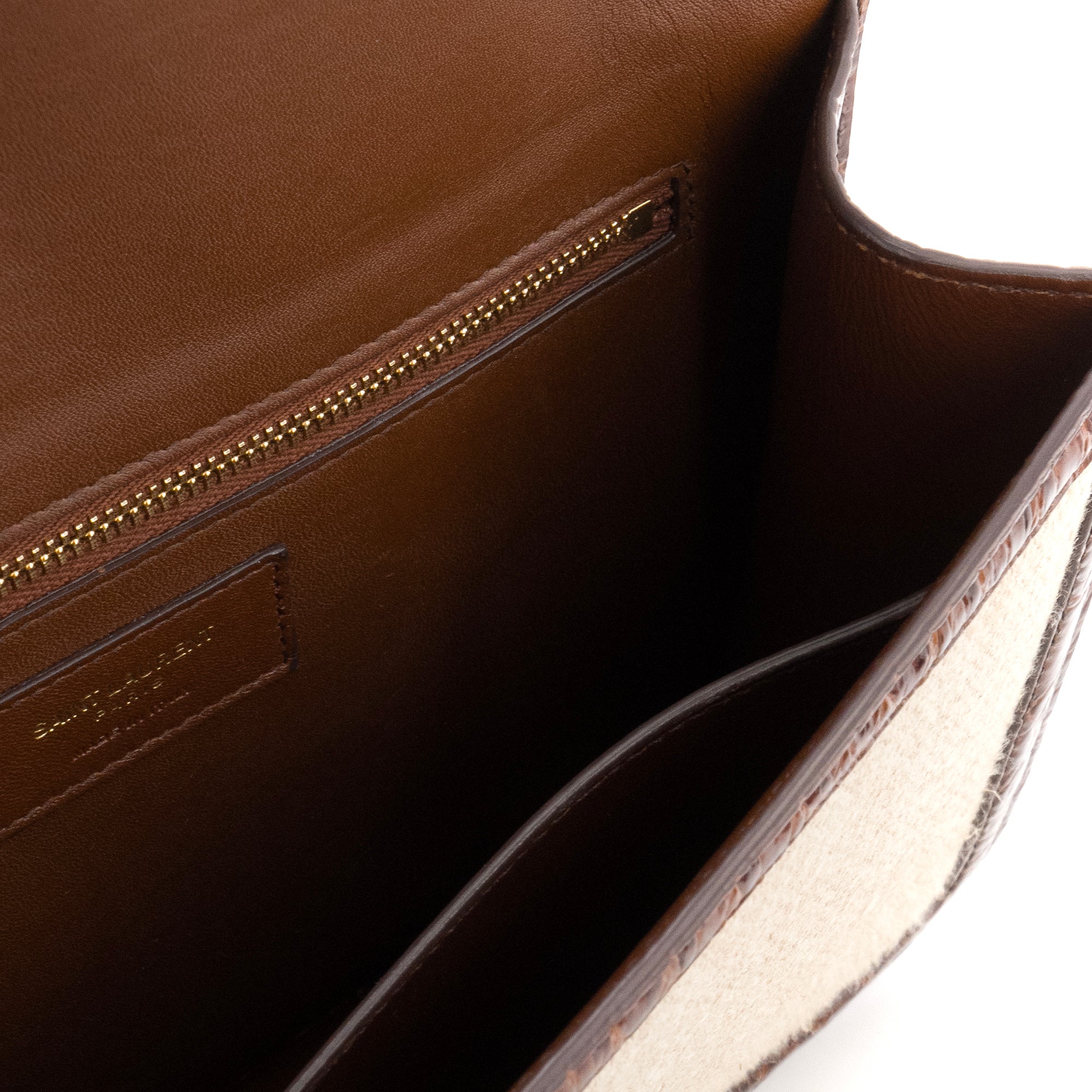 SAINT LAURENT - Sac à bandoulière Carré Saint Laurent en toile et cuir embossé croco marron