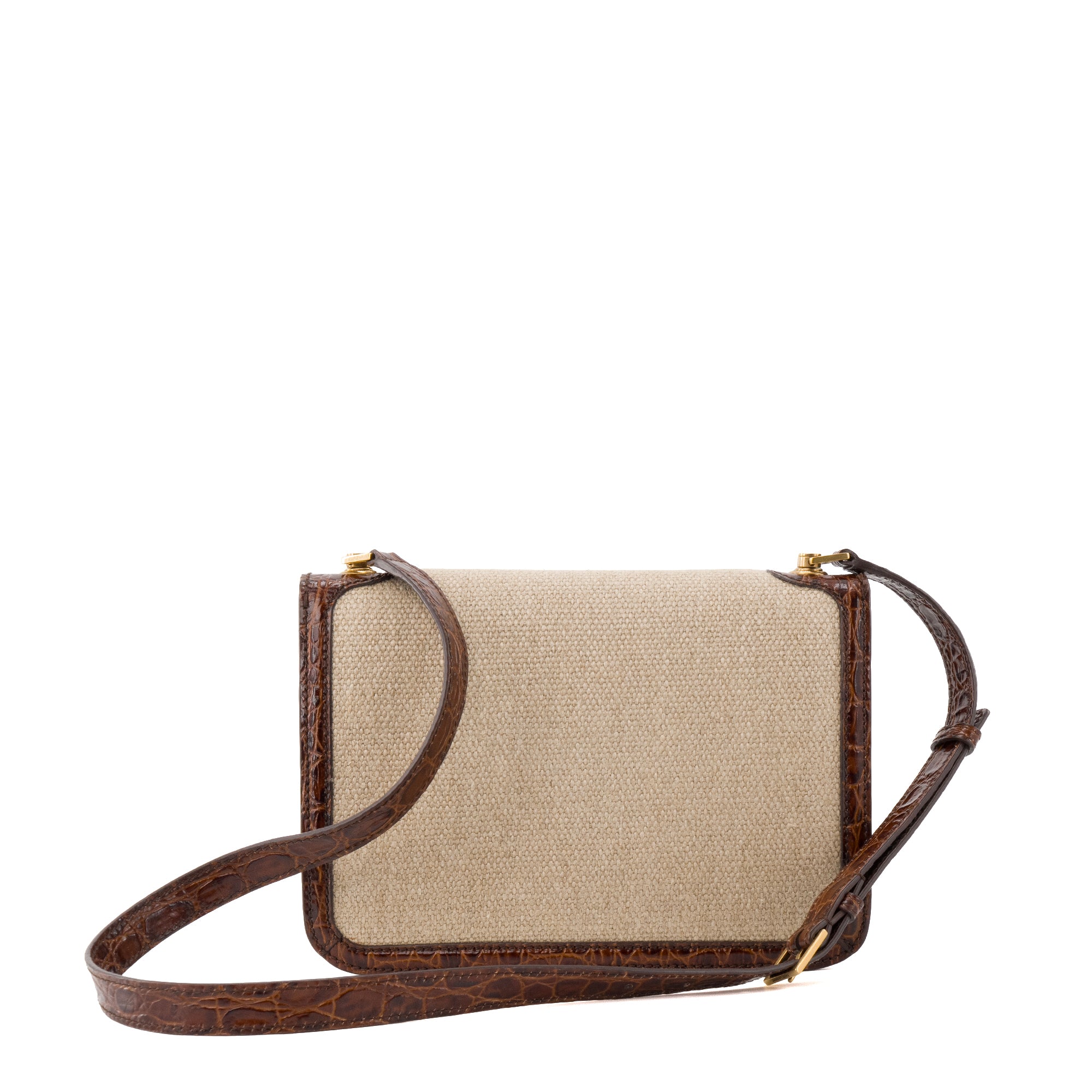 SAINT LAURENT - Sac à bandoulière Carré Saint Laurent en toile et cuir embossé croco marron