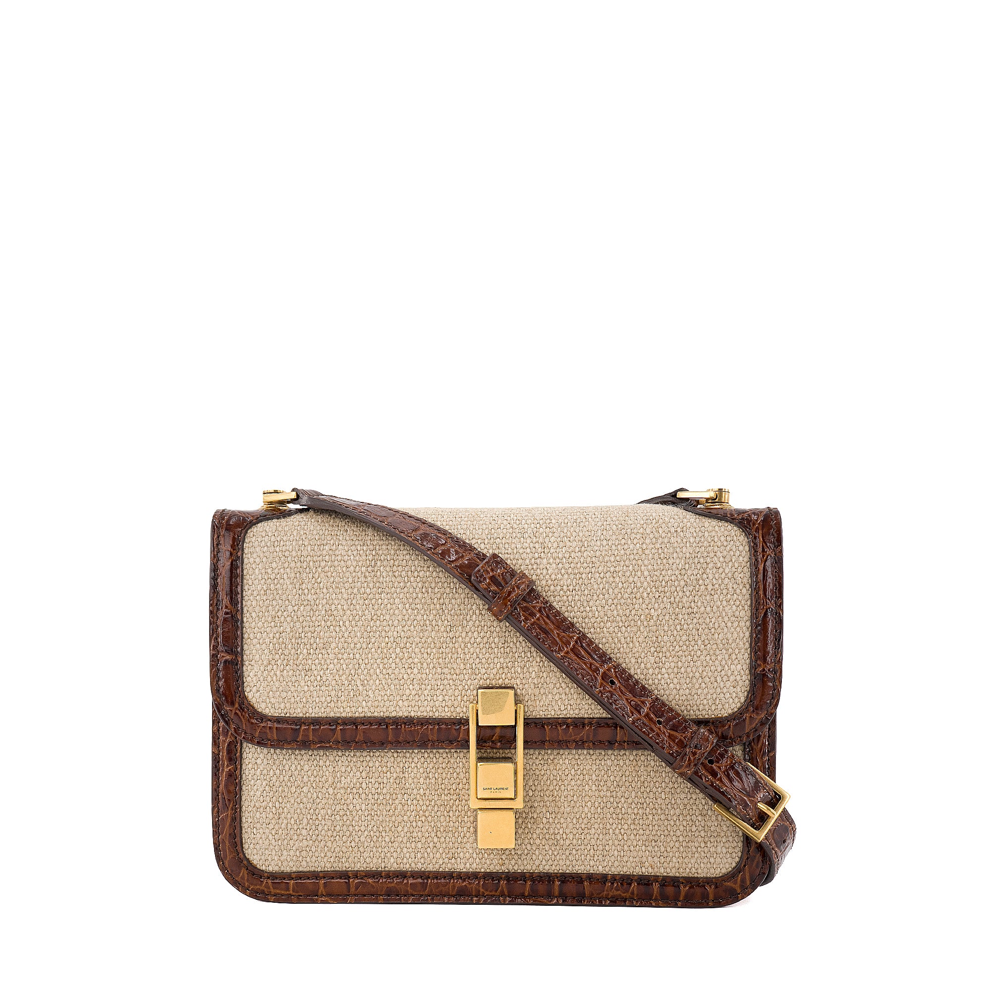 SAINT LAURENT - Sac à bandoulière Carré Saint Laurent en toile et cuir embossé croco marron