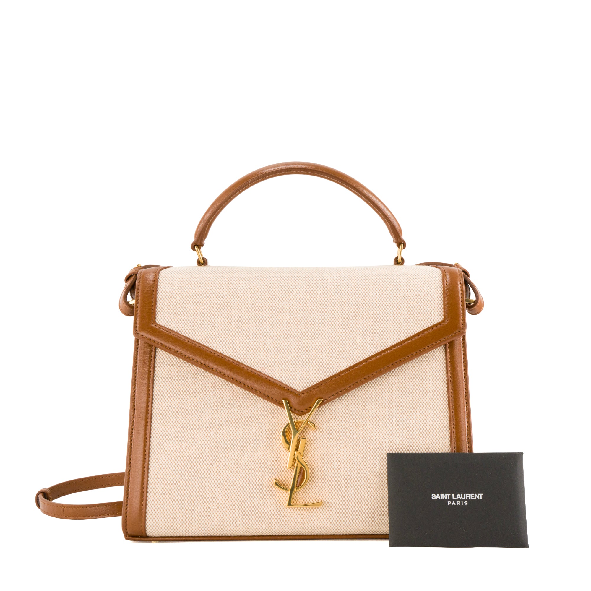 SAINT LAURENT - Sac à bandoulière Cassandra Top Handle en toile écru et cuir tan marron