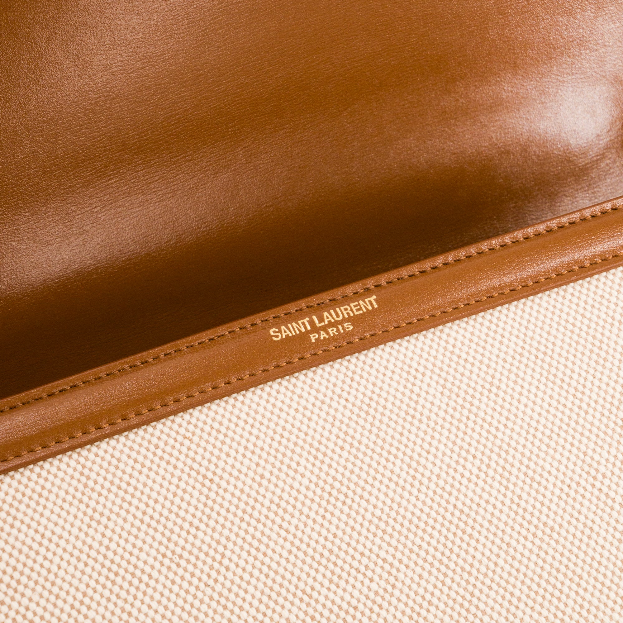 SAINT LAURENT - Sac à bandoulière Cassandra Top Handle en toile écru et cuir tan marron