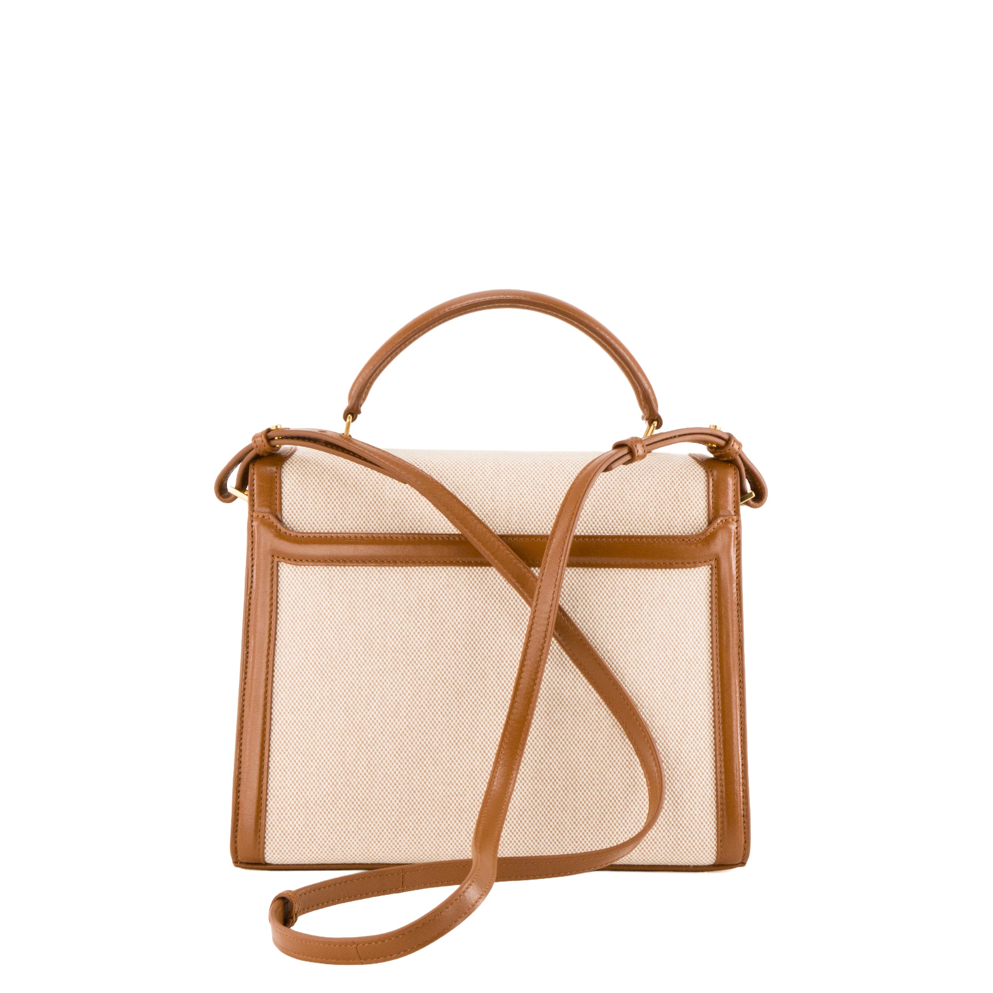 SAINT LAURENT - Sac à bandoulière Cassandra Top Handle en toile écru et cuir tan marron