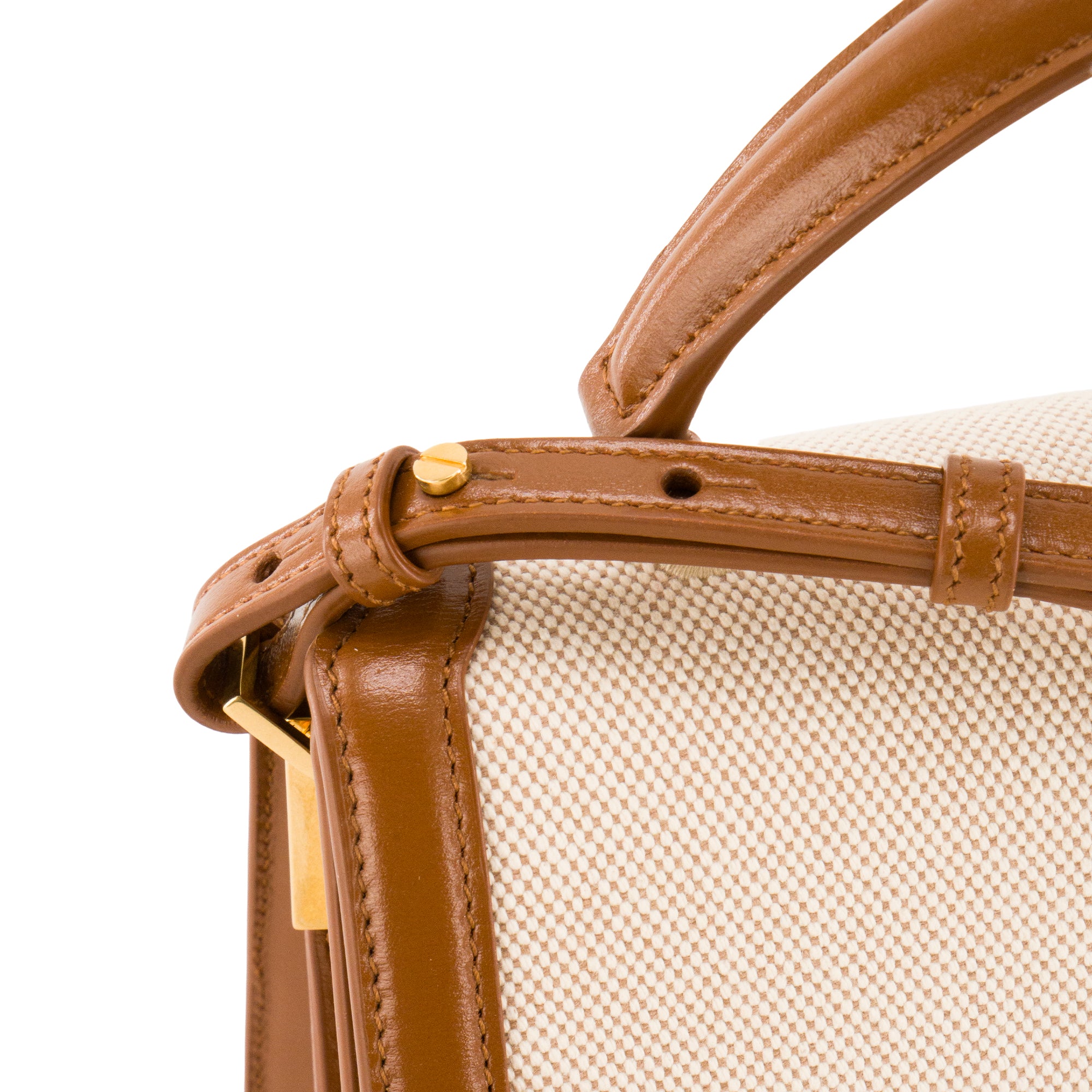 SAINT LAURENT - Sac à bandoulière Cassandra Top Handle en toile écru et cuir tan marron
