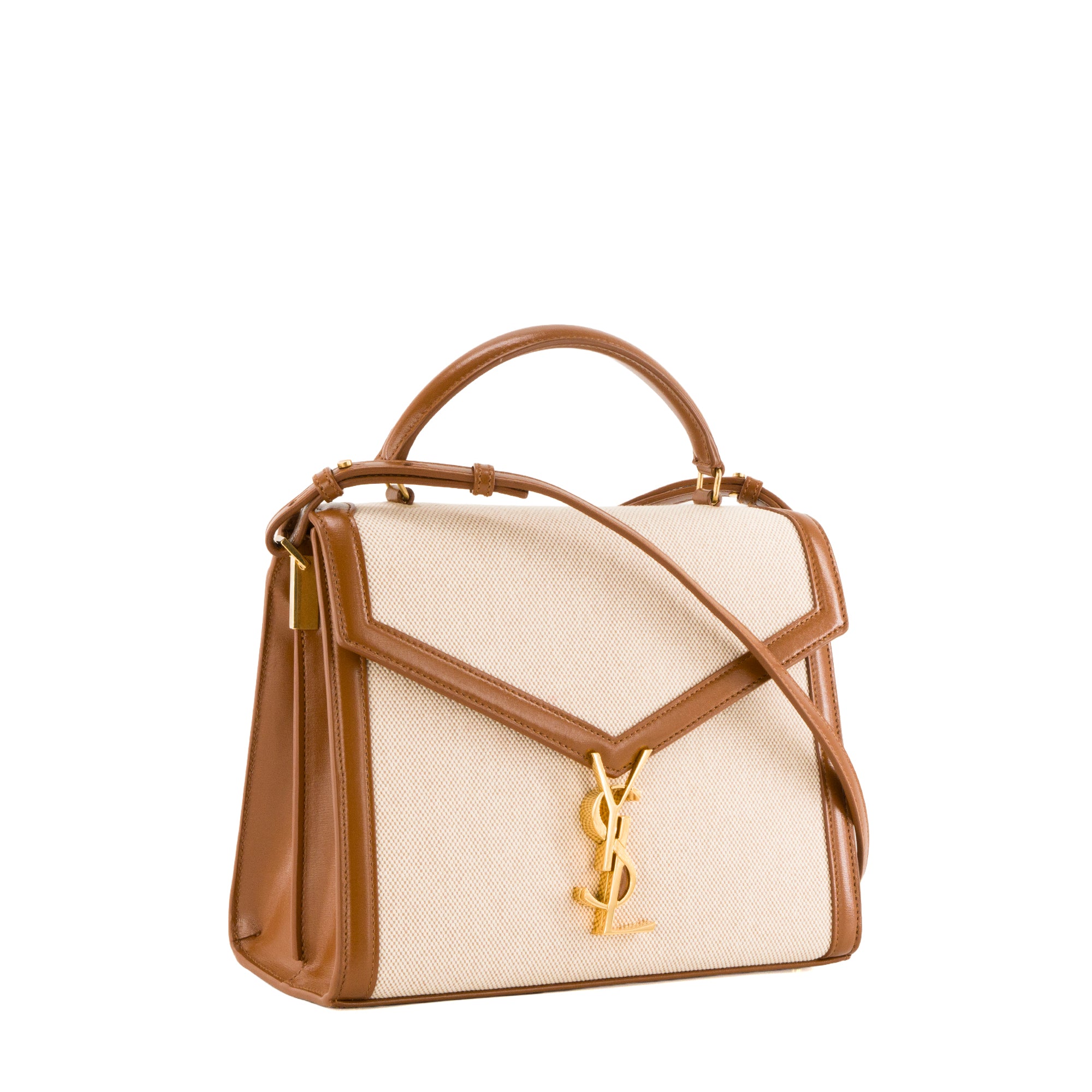 SAINT LAURENT - Sac à bandoulière Cassandra Top Handle en toile écru et cuir tan marron