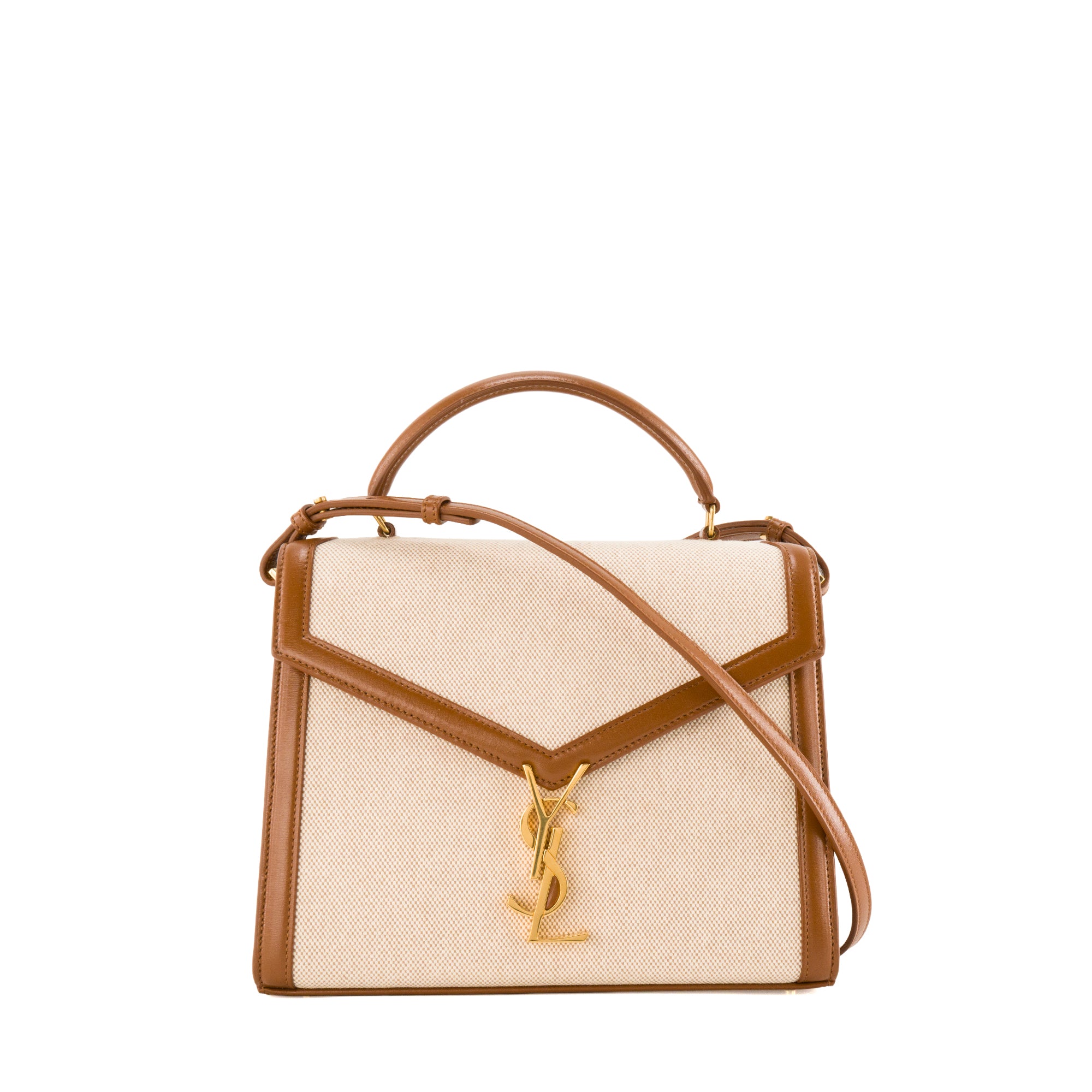 SAINT LAURENT - Sac à bandoulière Cassandra Top Handle en toile écru et cuir tan marron