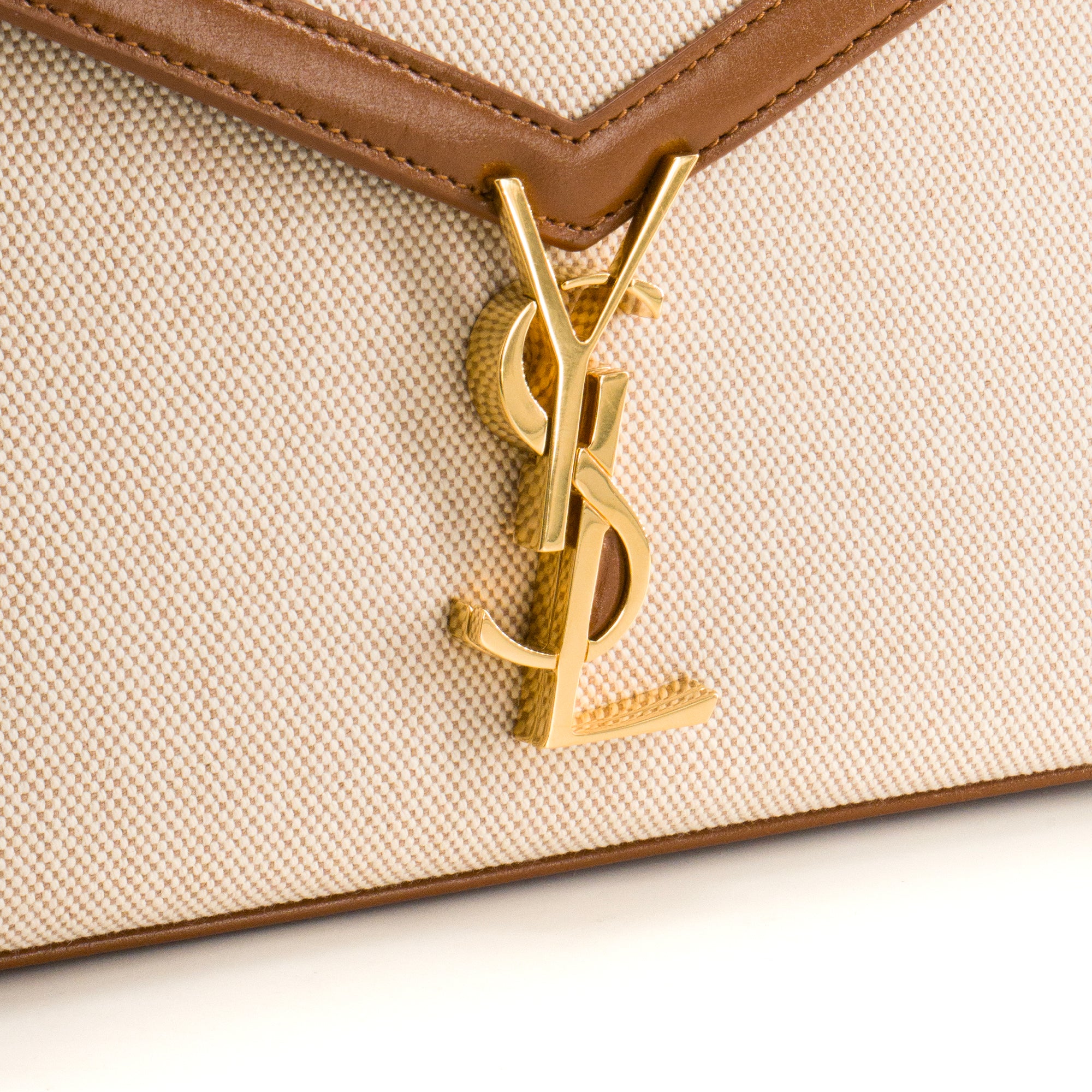 SAINT LAURENT - Sac à bandoulière Cassandra Top Handle en toile écru et cuir tan marron