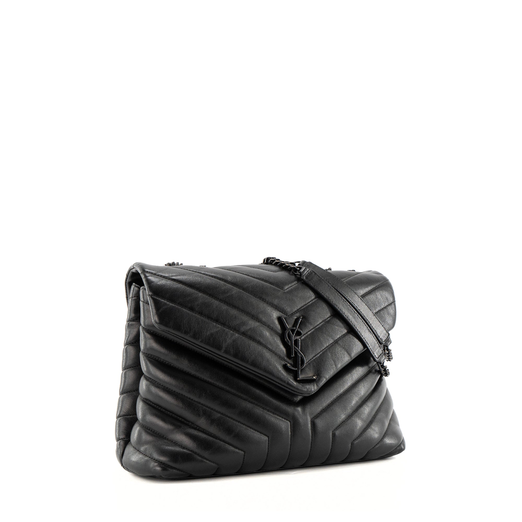 SAINT LAURENT - Sac à bandoulière Loulou Medium Full Black Saint Laurent en cuir lisse noir
