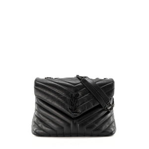 SAINT LAURENT - Sac à bandoulière Loulou Medium Full Black Saint Laurent en cuir lisse noir