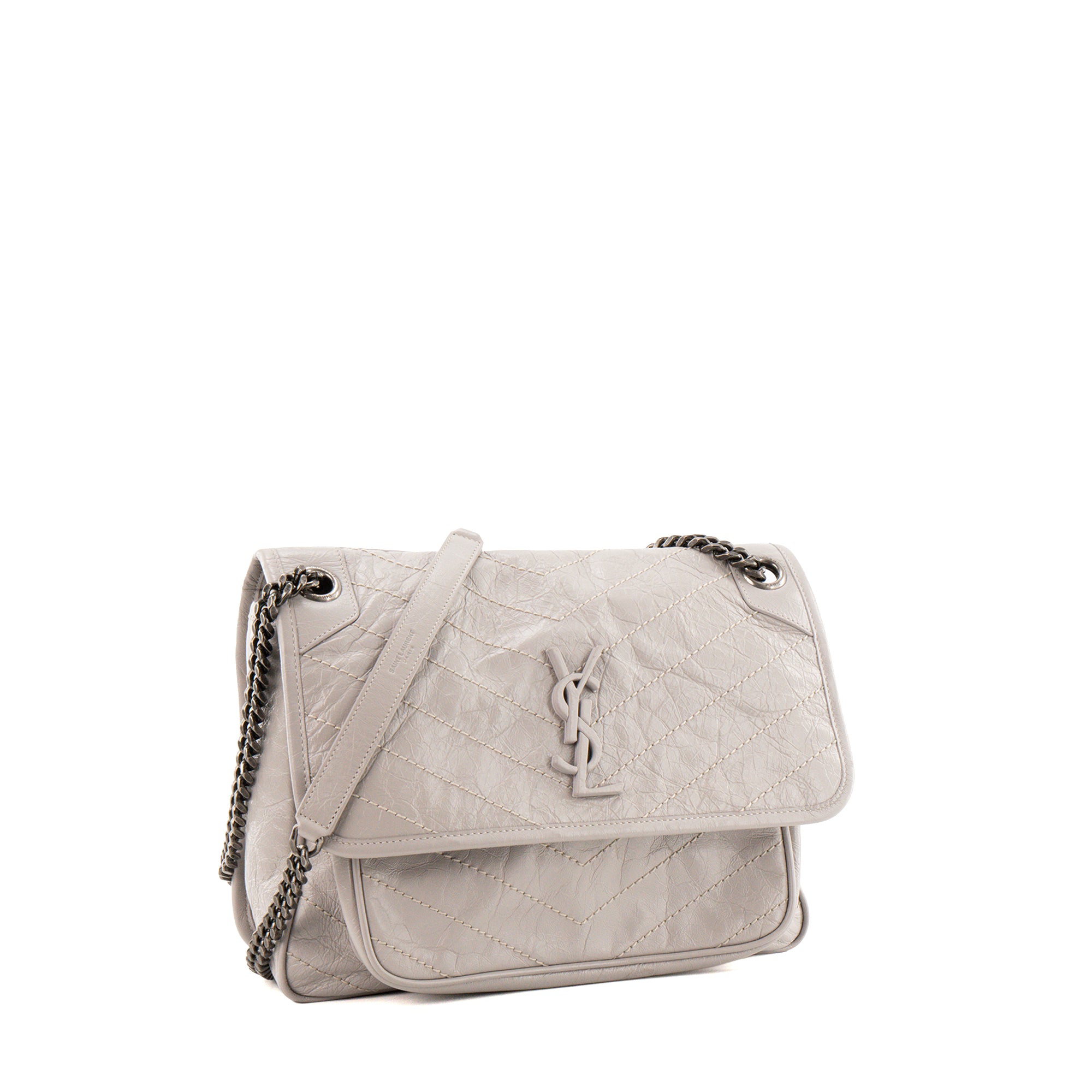 SAINT LAURENT - Sac a bandoulière Nikki Medium Saint Laurent en cuir froissé gris