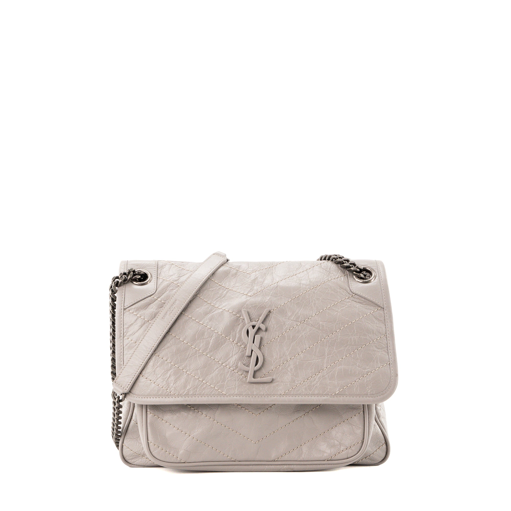 SAINT LAURENT - Sac a bandoulière Nikki Medium Saint Laurent en cuir froissé gris