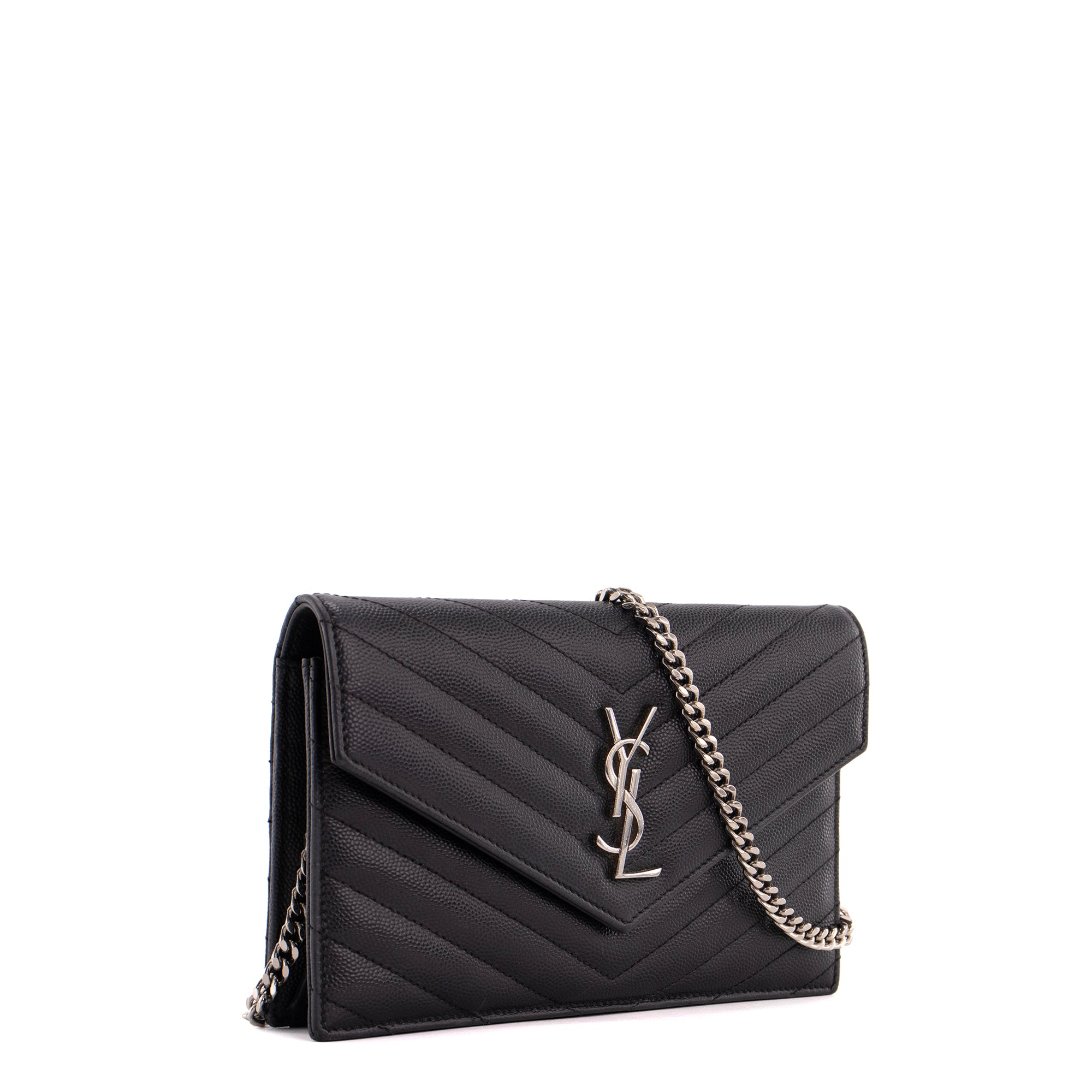SAINT LAURENT - Sac à bandoulière Wallet On Chain Cassandre Saint Laurent en cuir grainé noir