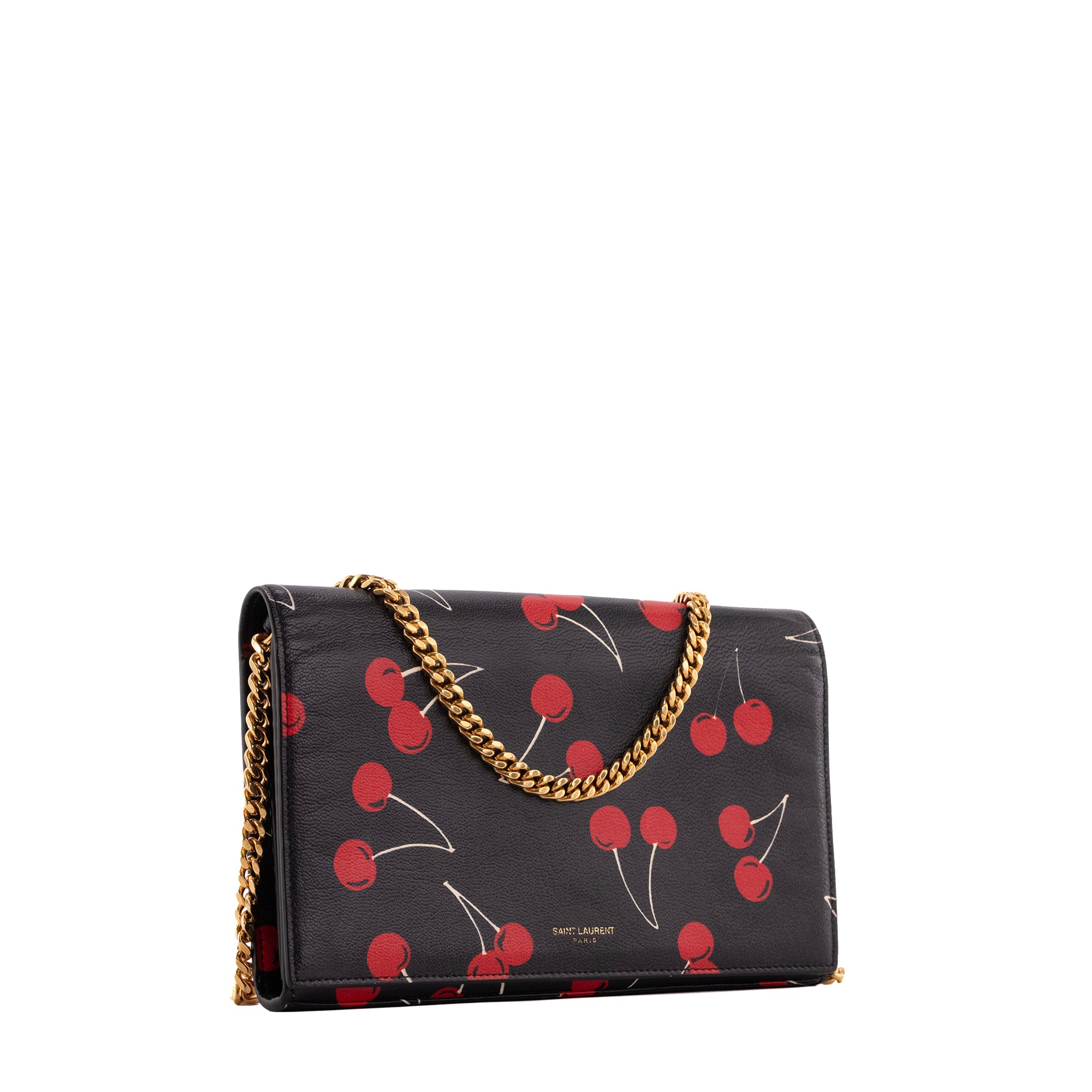 SAINT LAURENT - Sac à bandoulière Wallet On Chain Saint Laurent en cuir grainé noir imprimé cerises