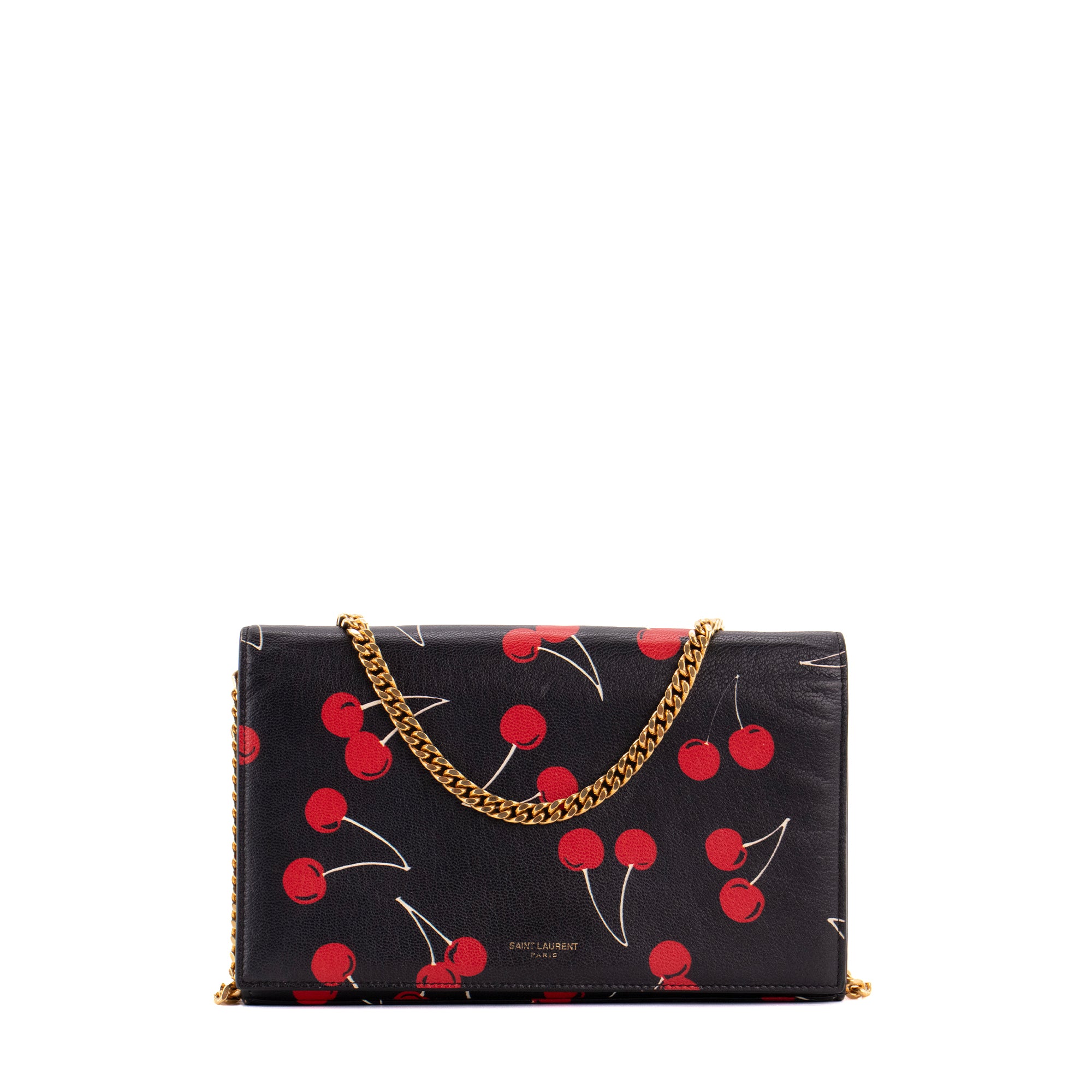 SAINT LAURENT - Sac à bandoulière Wallet On Chain Saint Laurent en cuir grainé noir imprimé cerises