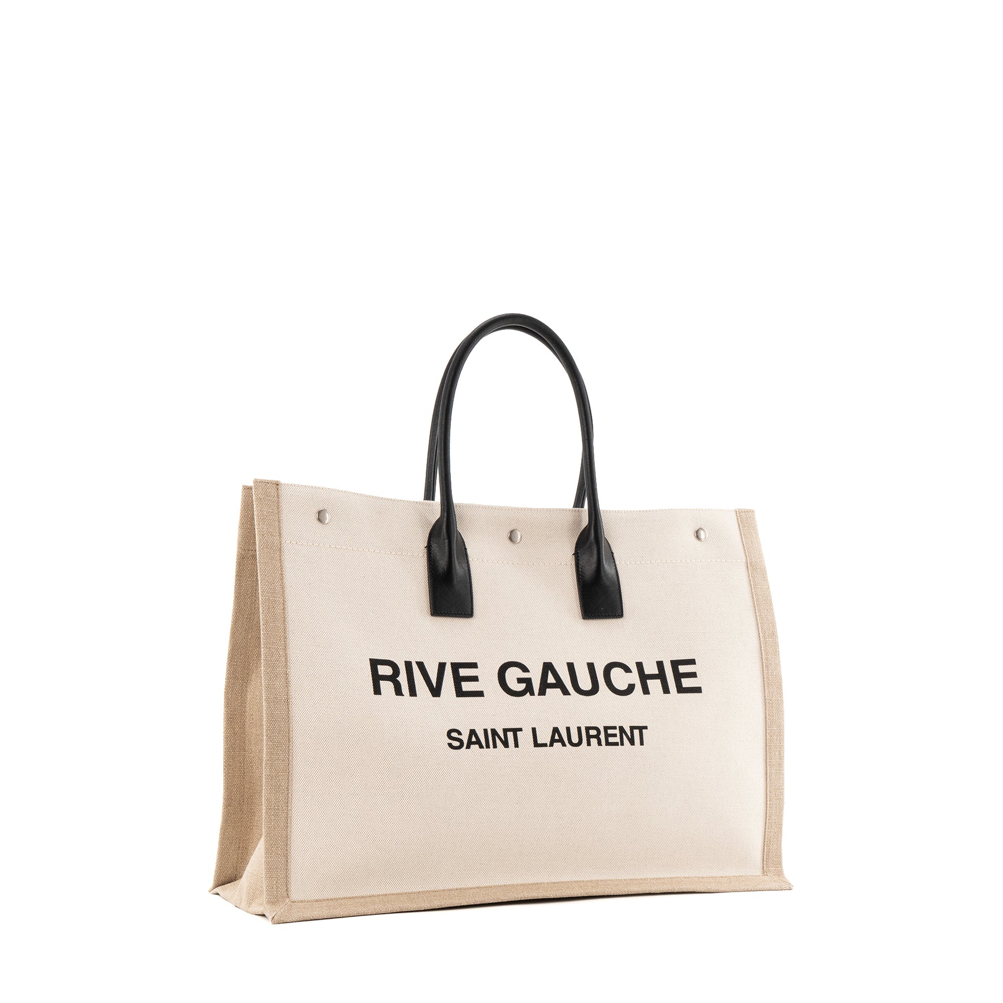 SAINT LAURENT - Sac cabas Rive Gauche GM Saint Laurent en toile beige et cuir lisse noir