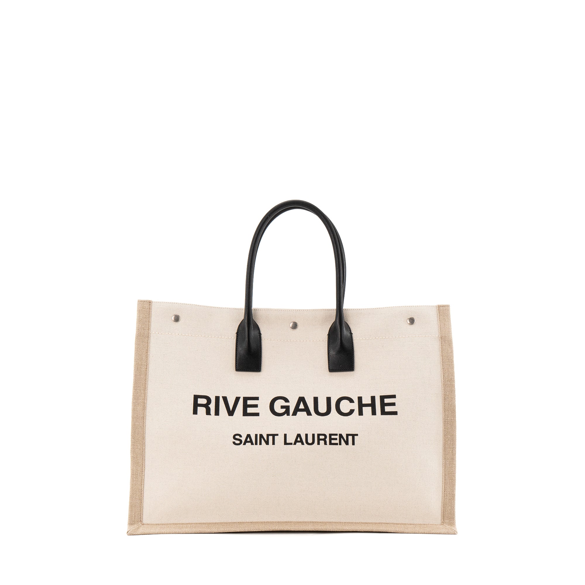 SAINT LAURENT - Sac cabas Rive Gauche GM Saint Laurent en toile beige et cuir lisse noir