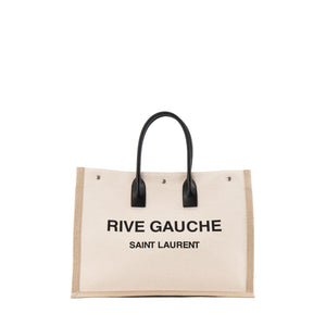 SAINT LAURENT - Sac cabas Rive Gauche GM Saint Laurent en toile beige et cuir lisse noir