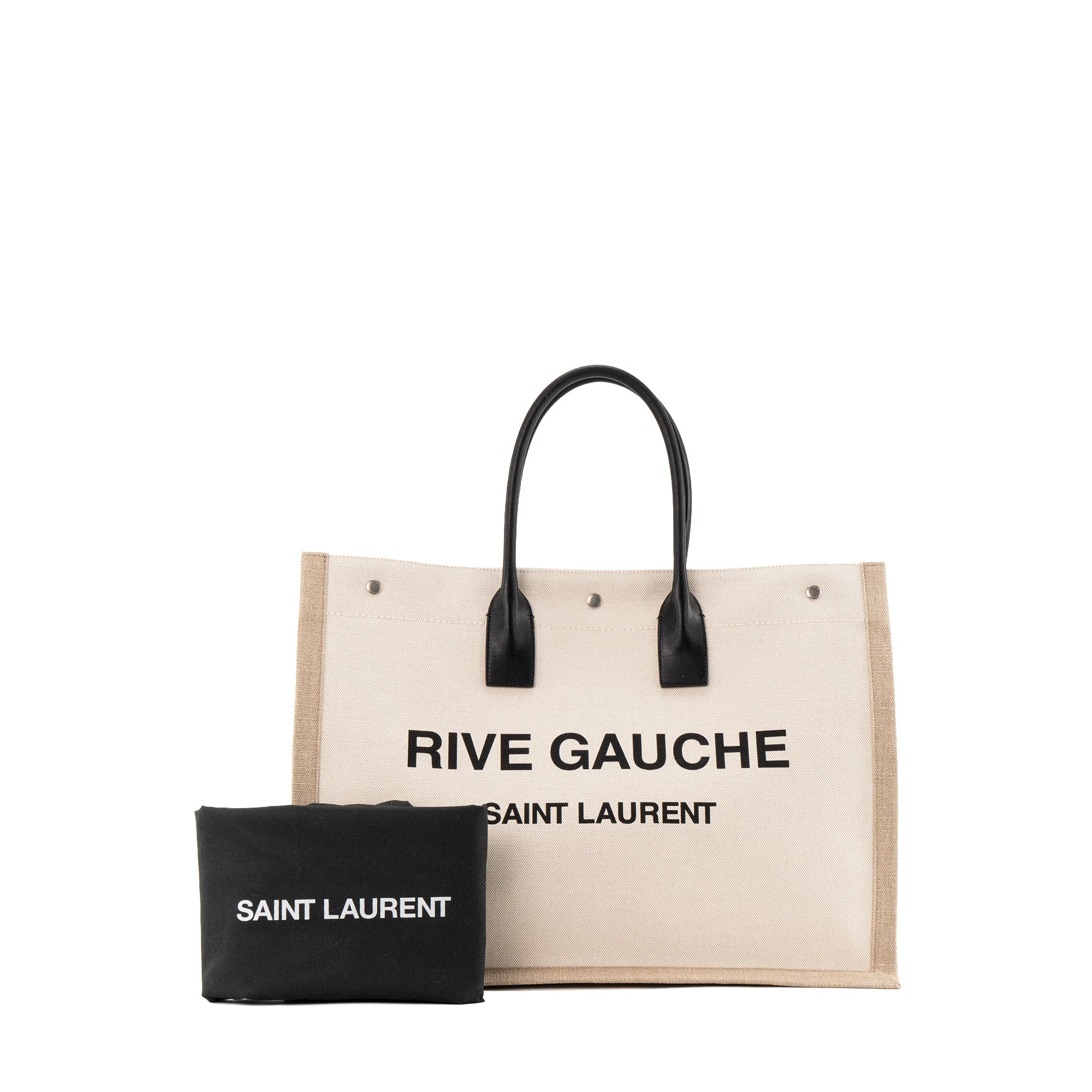 SAINT LAURENT - Sac cabas Rive Gauche GM Saint Laurent en toile beige et cuir lisse noir