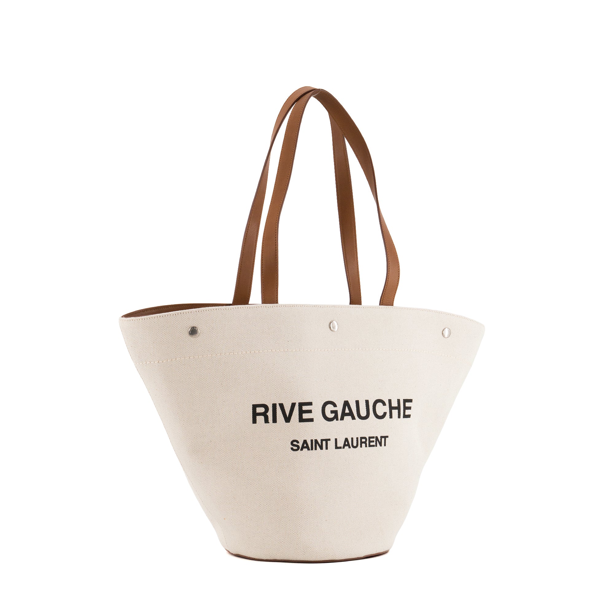 SAINT LAURENT - Sac Cabas Rive Gauche Saint Laurent en toile beige et cuir marron