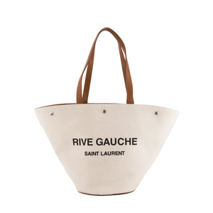 SAINT LAURENT - Sac Cabas Rive Gauche Saint Laurent en toile beige et cuir marron