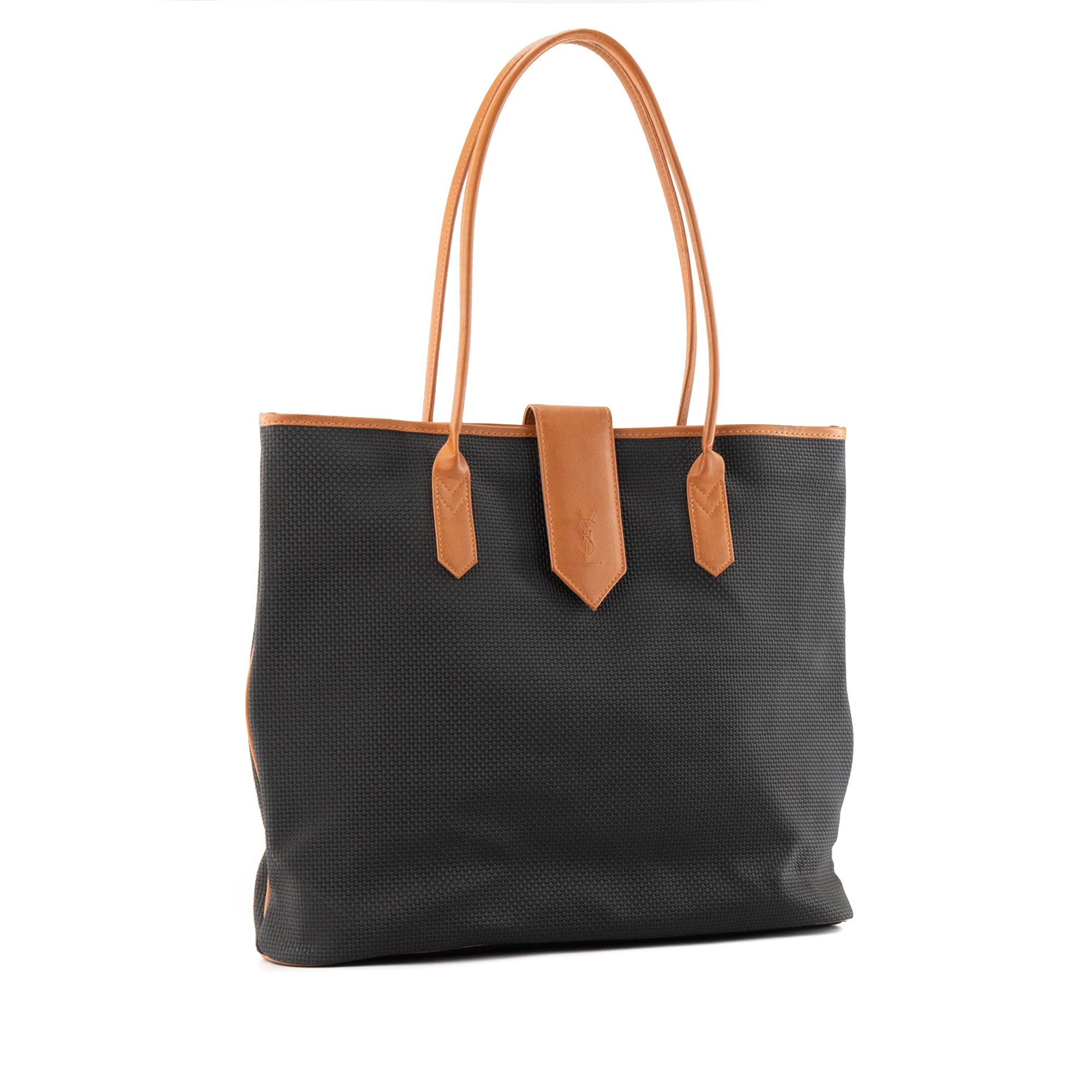 SAINT LAURENT - Sac Cabas Saint Laurent en toile bleu foncé et marron vintage