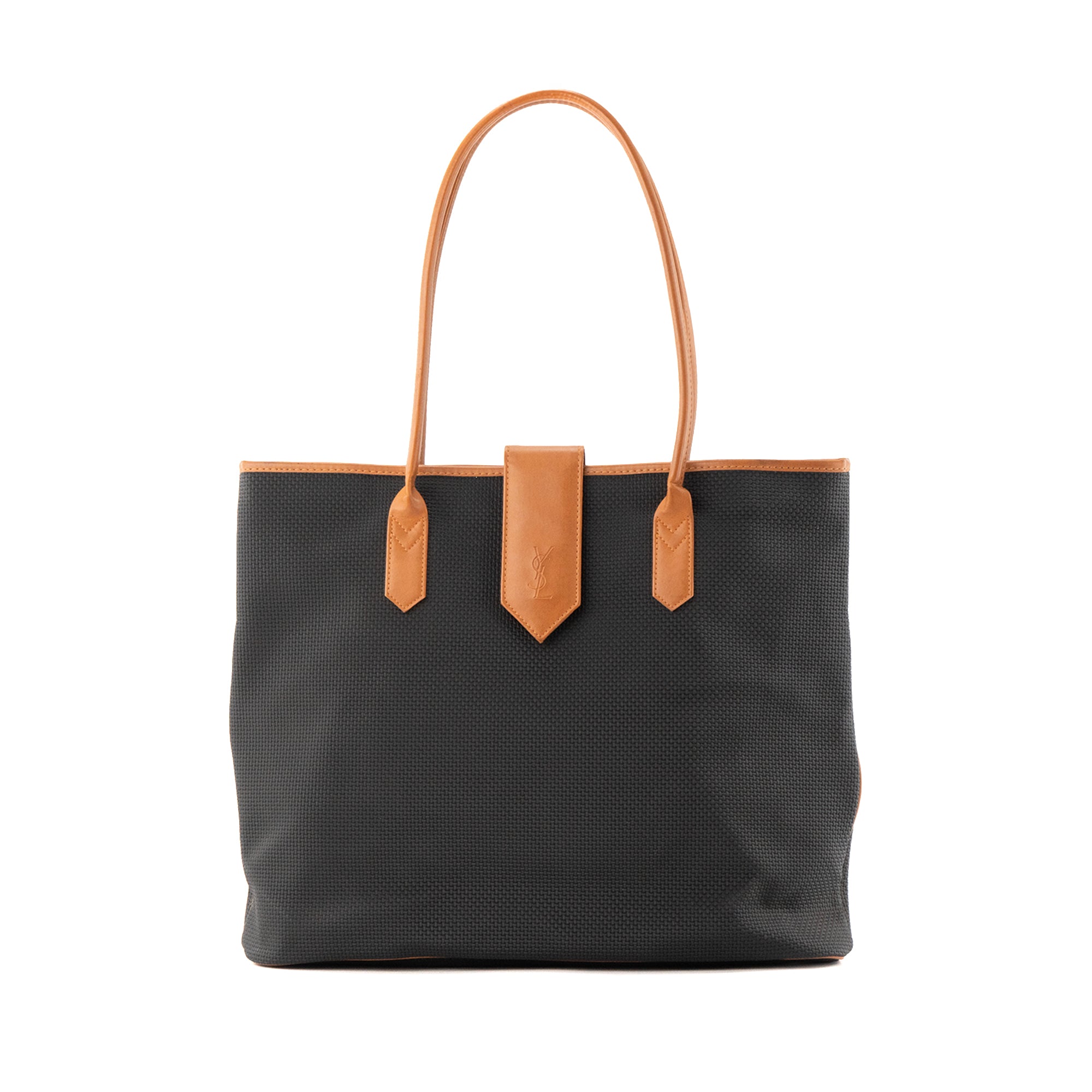 SAINT LAURENT - Sac Cabas Saint Laurent en toile bleu foncé et marron vintage