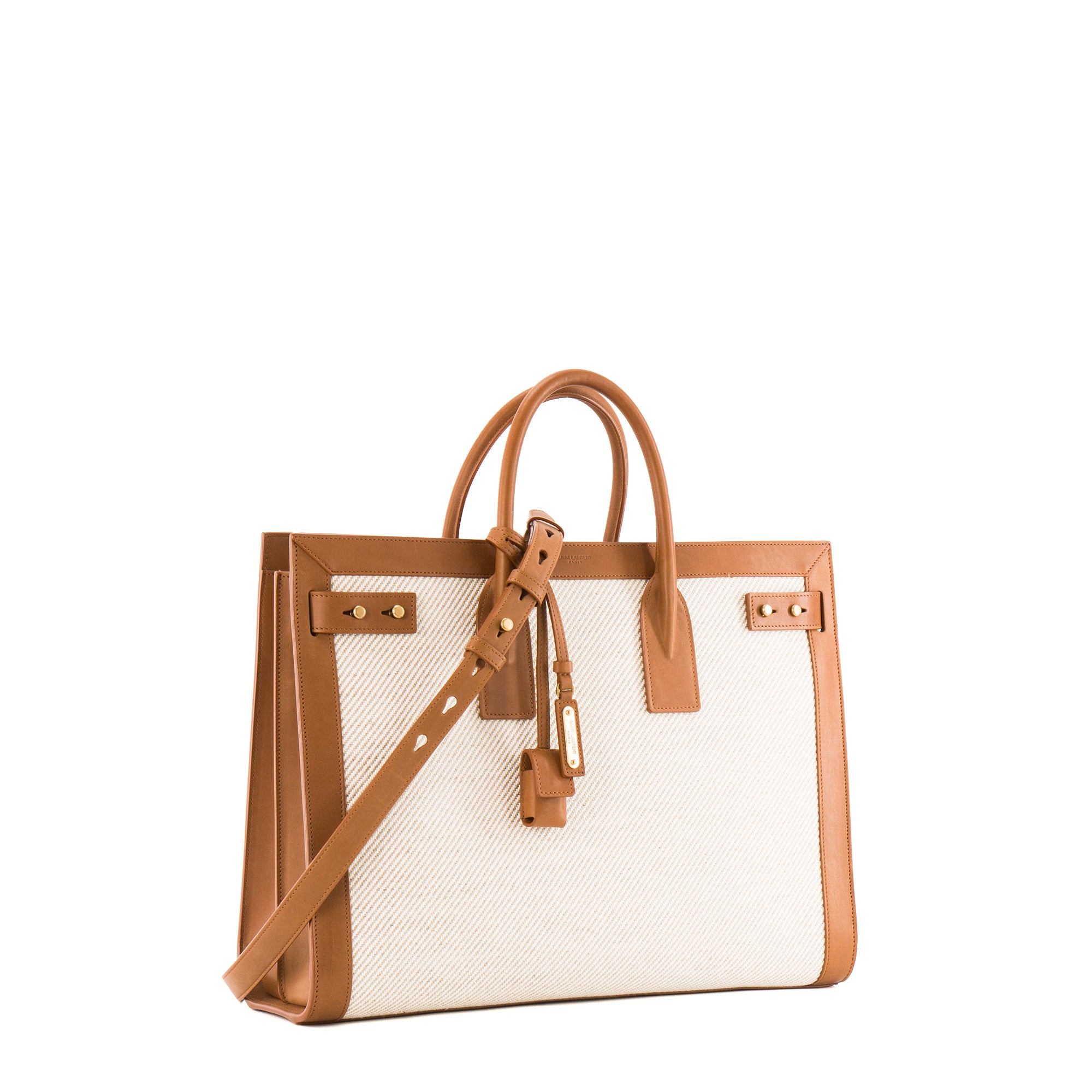 SAINT LAURENT - Sac de Jour large Saint Laurent en cuir naturel et toile beige