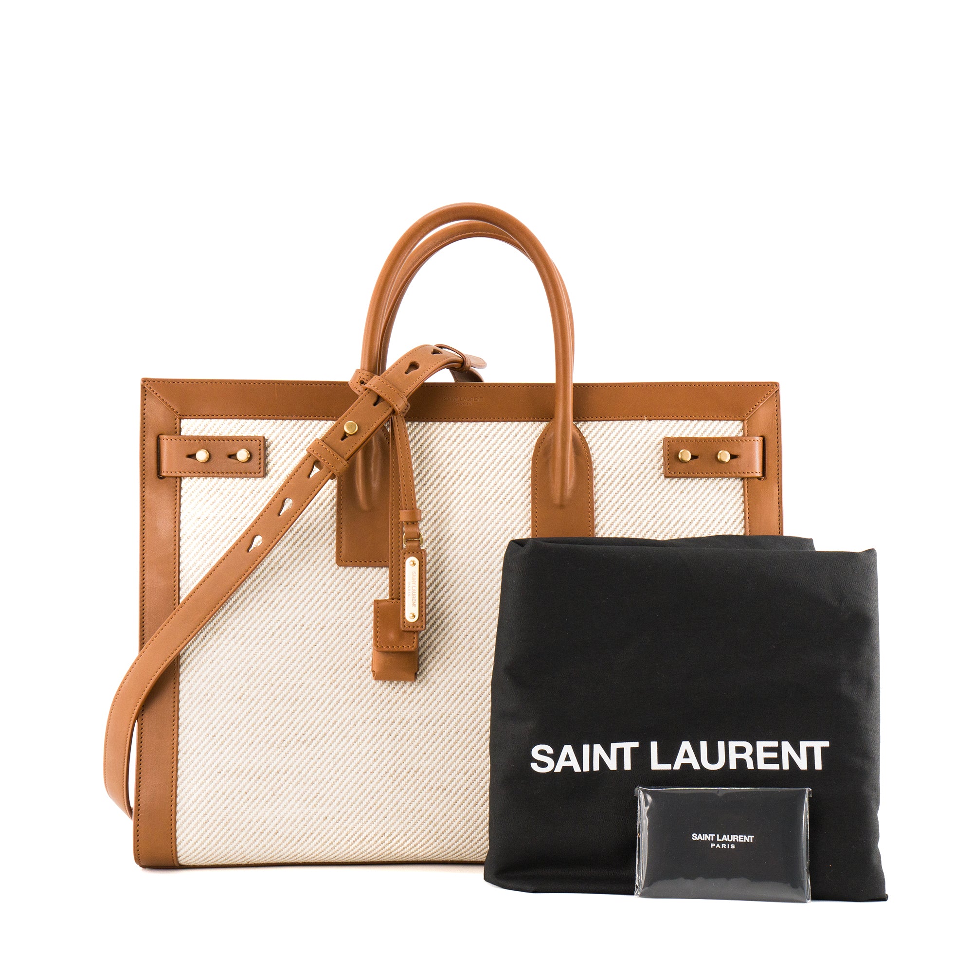 SAINT LAURENT - Sac de Jour large Saint Laurent en cuir naturel et toile beige