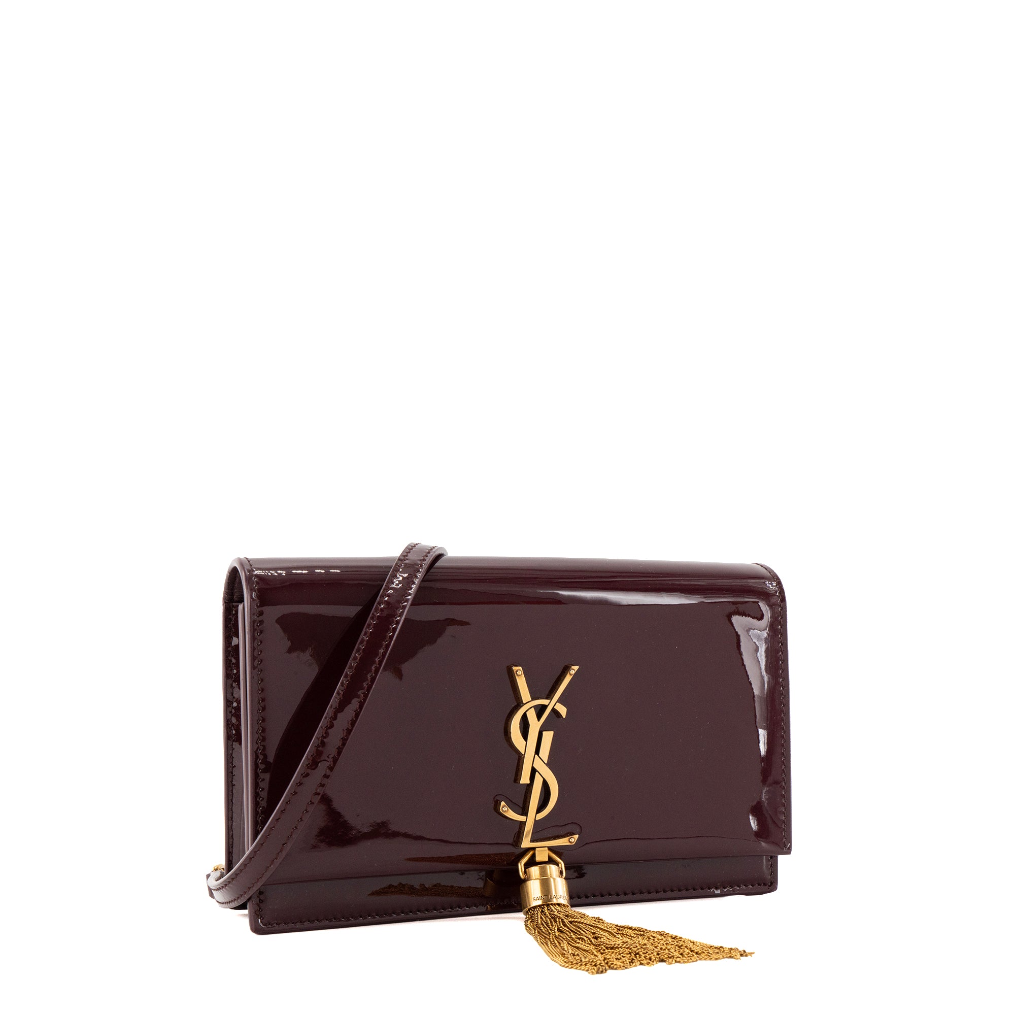 SAINT LAURENT - Sac à bandoulière Kate Pompon Saint Laurent en cuir verni bordeaux