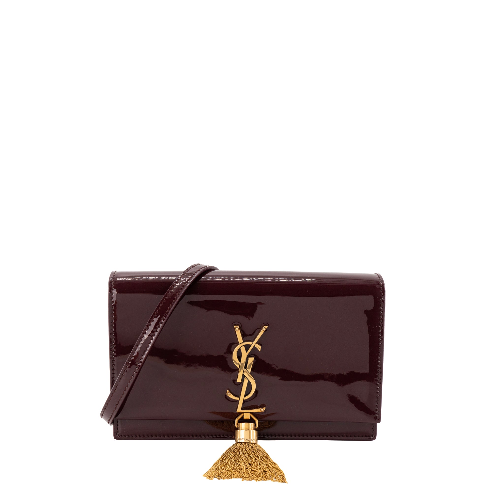 SAINT LAURENT - Sac à bandoulière Kate Pompon Saint Laurent en cuir verni bordeaux